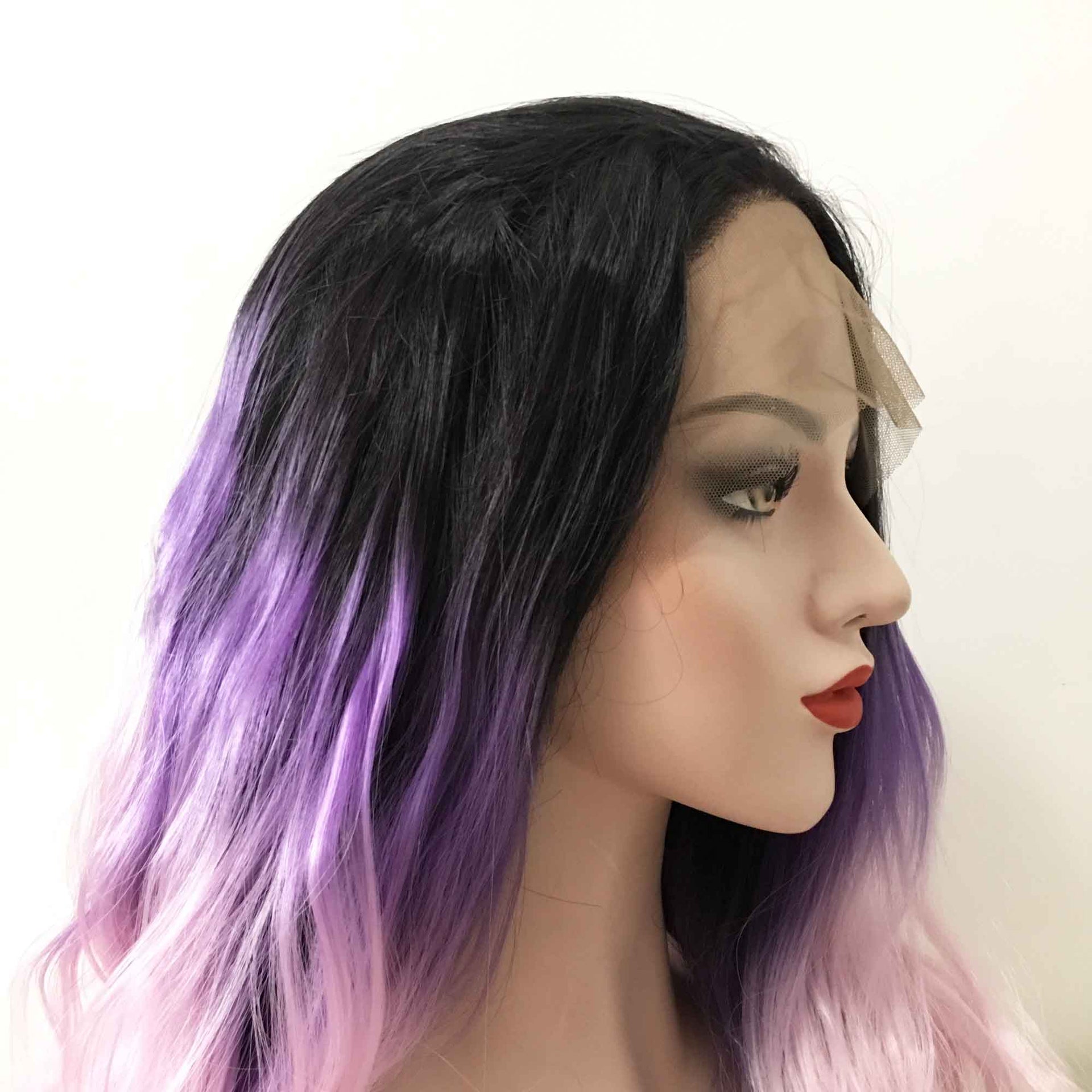 nevermindyrhead Women Pink Purple Ombre Dark Root Lace Front Long Curly Middle Part Wig