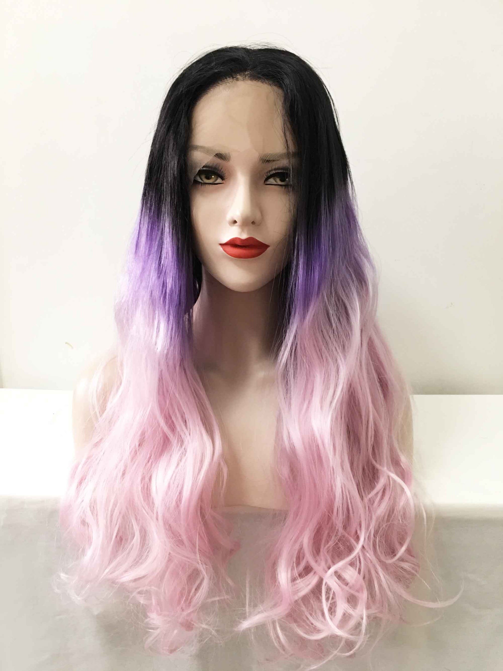 nevermindyrhead Women Pink Purple Ombre Dark Root Lace Front Long Curly Middle Part Wig