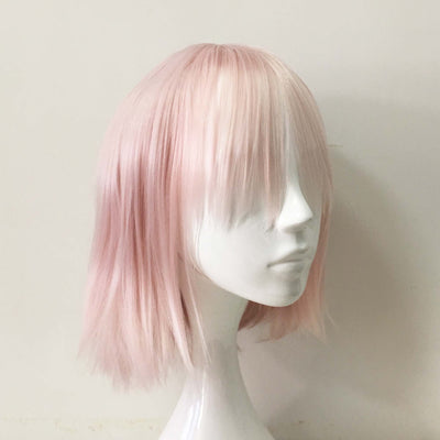 Women Pink Short Straight Fringe Bangs Thin Bob Wig