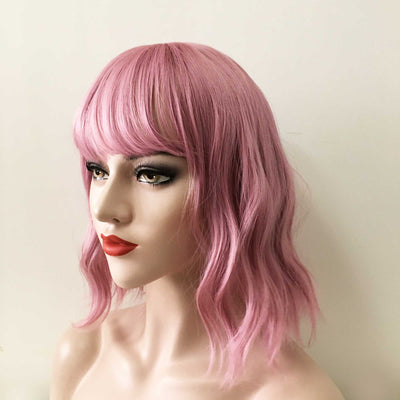 Women Pink Short Wavy Bob Fringe Bangs Wig