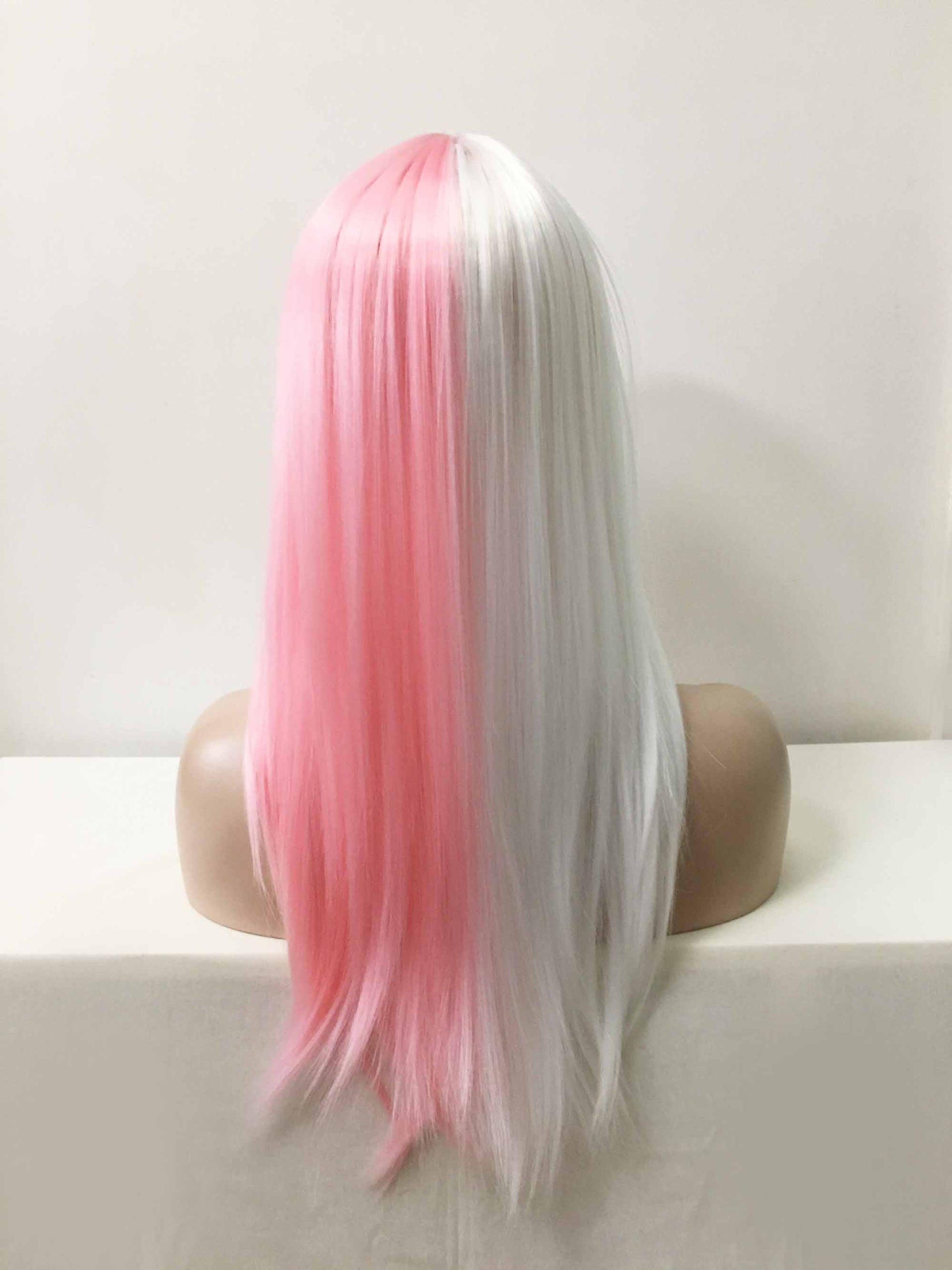 nevermindyrhead Women Pink White Split Colors Long Straight Fringe Bangs Wig