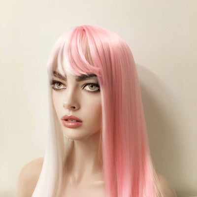 Women Pink White Split Colors Long Straight Fringe Bangs Wig