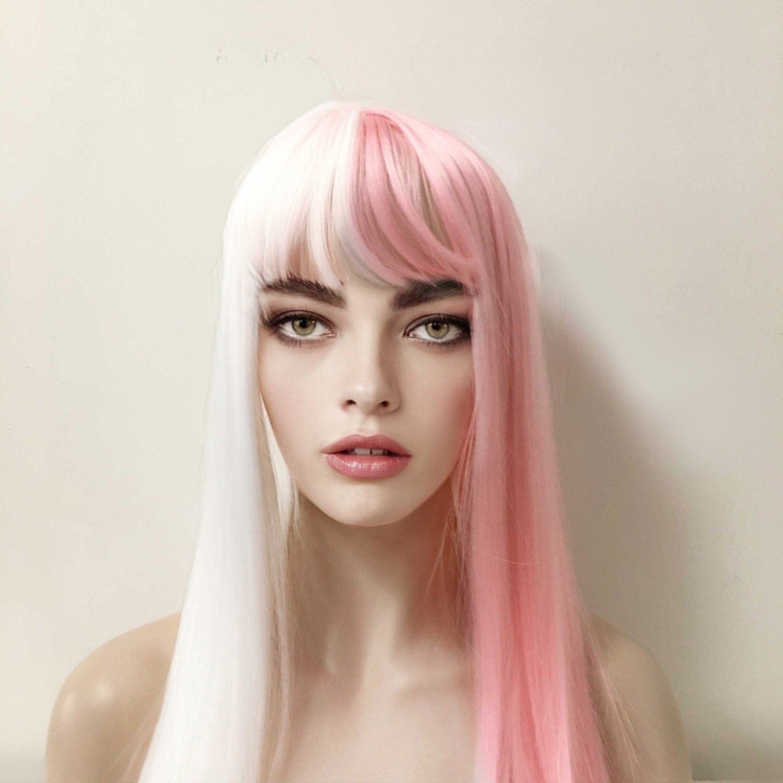 nevermindyrhead Women Pink White Split Colors Long Straight Fringe Bangs Wig