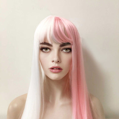 Women Pink White Split Colors Long Straight Fringe Bangs Wig