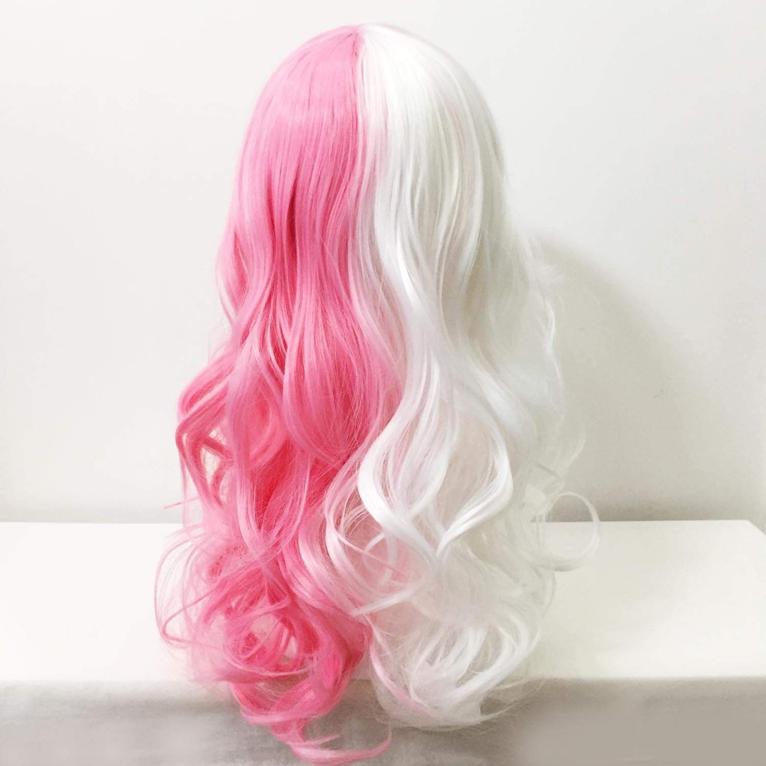 nevermindyrhead Women Pink White Split Colors Long Wavy Fringe Bangs Cosplay Wig