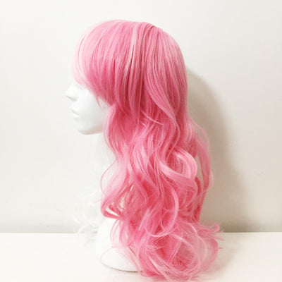 Women Pink White Split Colors Long Wavy Fringe Bangs Cosplay Wig