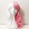 Women Pink White Split Colors Long Wavy Fringe Bangs Cosplay Wig