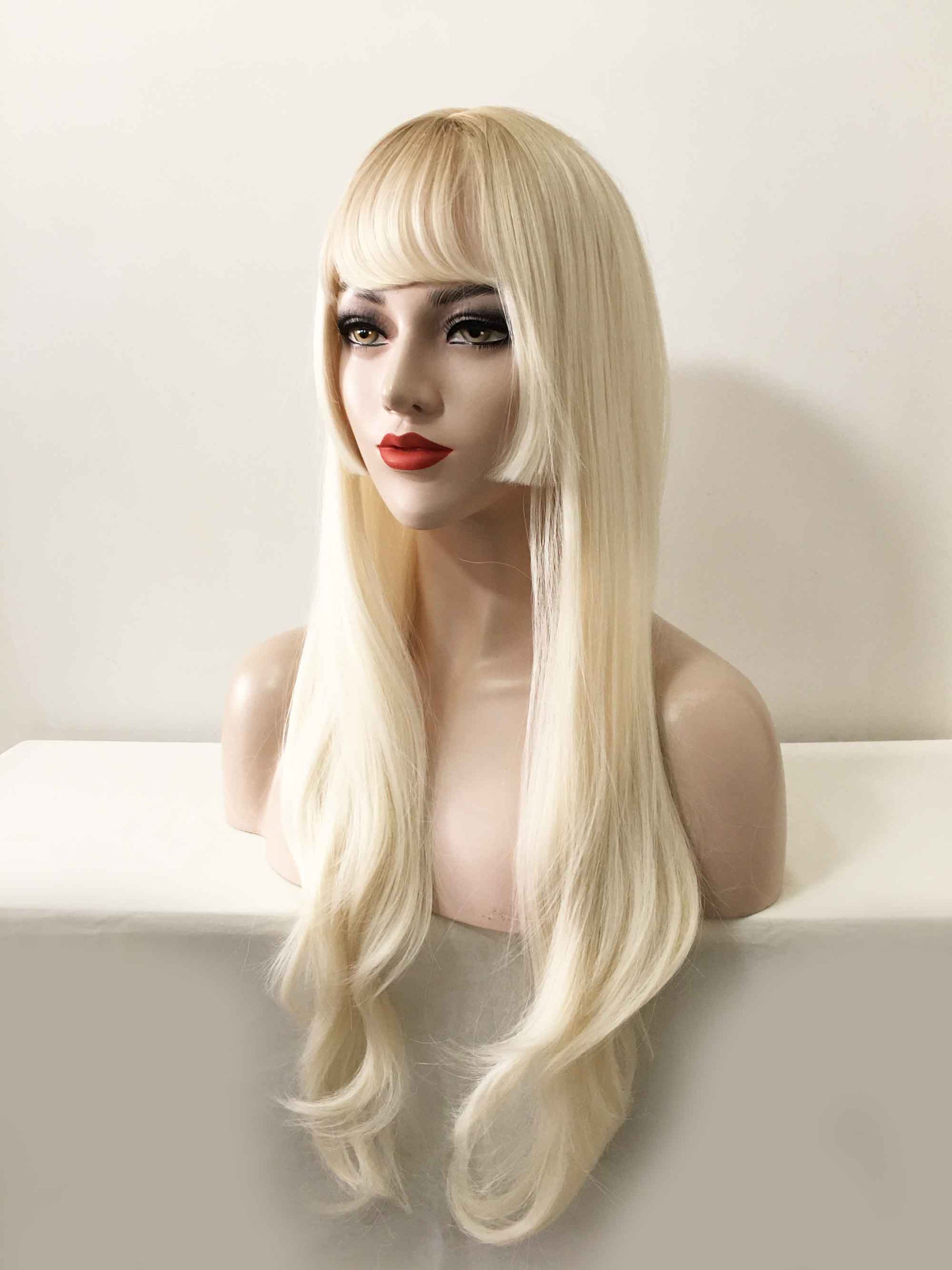 nevermindyrhead Women Platinum Blonde Ombre Long Straight Blunt Bangs Layered Wig