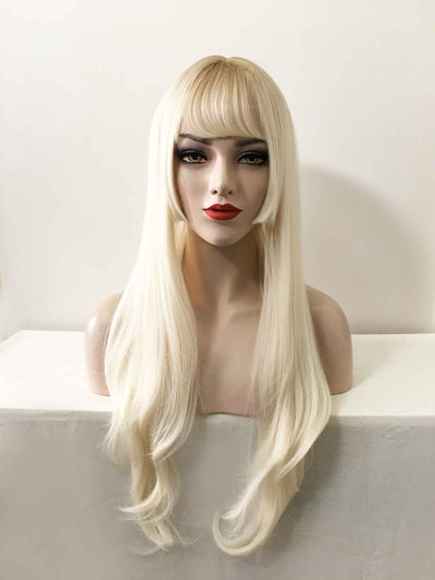 Women Platinum Blonde Ombre Long Straight Blunt Bangs Layered Wig