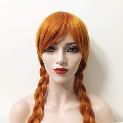 Women Ginger Orange Long Straight Braided Princess Style Long Bangs Wig
