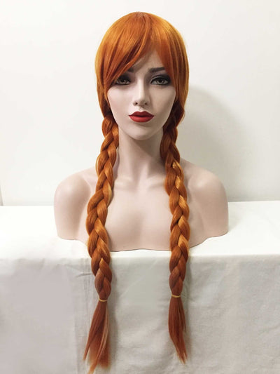 Women Ginger Orange Long Straight Braided Princess Style Long Bangs Wig