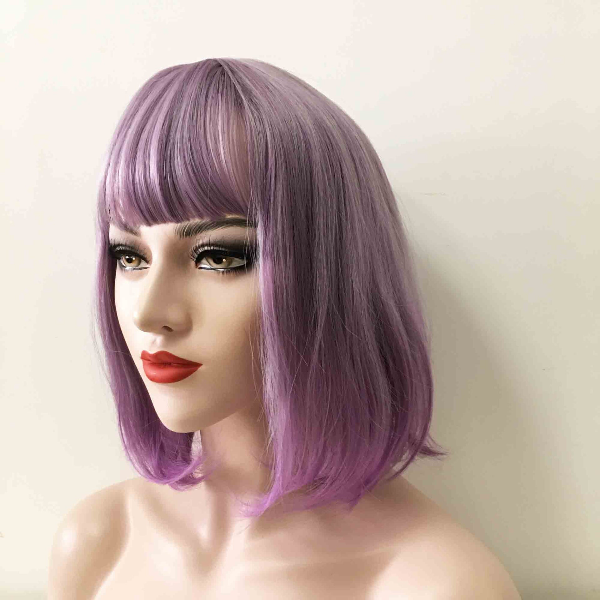 nevermindyrhead Women Purple Grey Ombre Short Straight Bob Fringe Bangs Wig