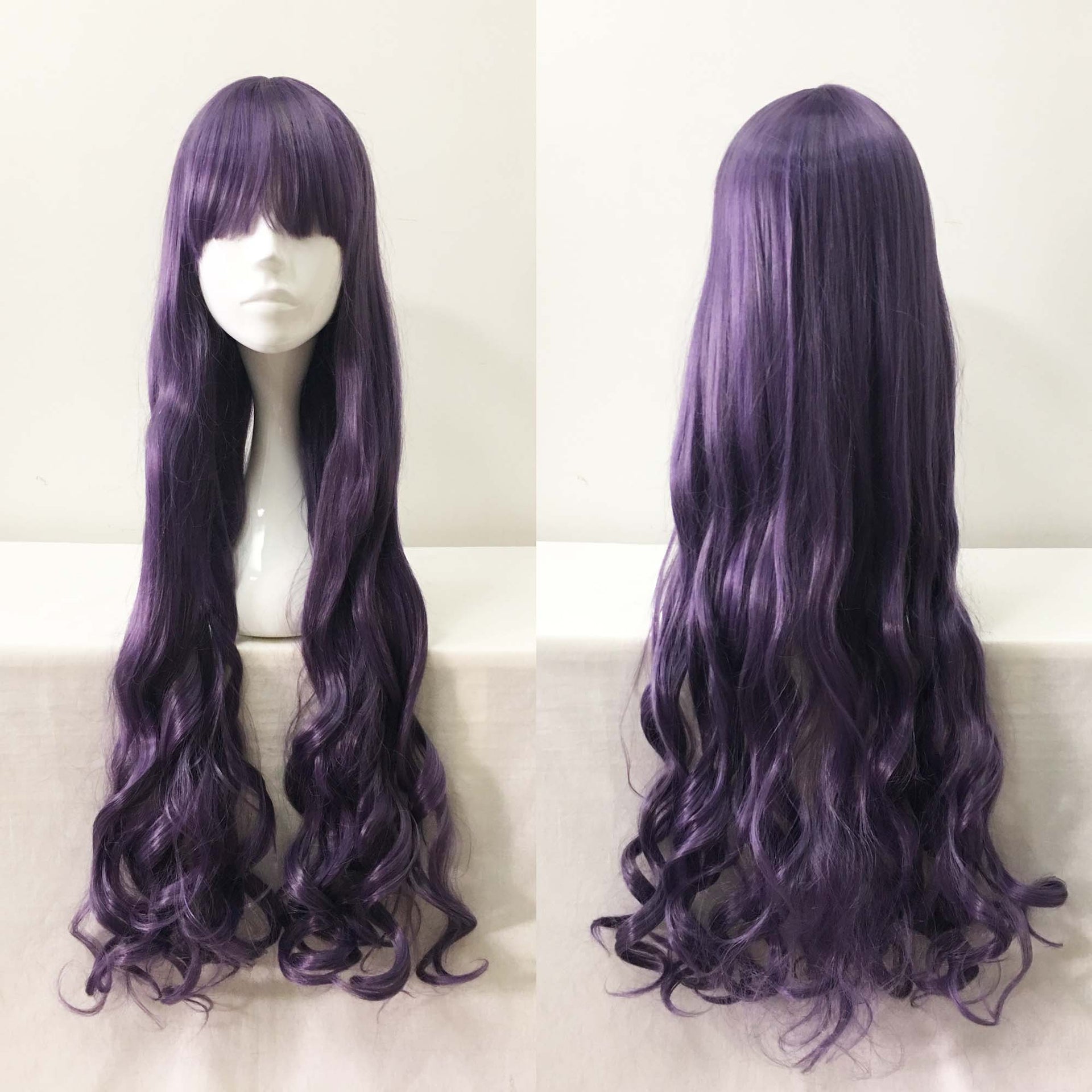 nevermindyrhead Women Purple Long Curly Blunt Bangs Cosplay Wig