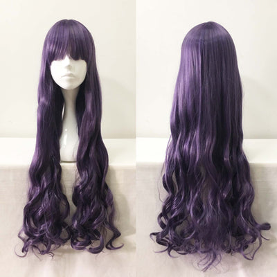 Women Purple Long Curly Blunt Bangs Cosplay Wig