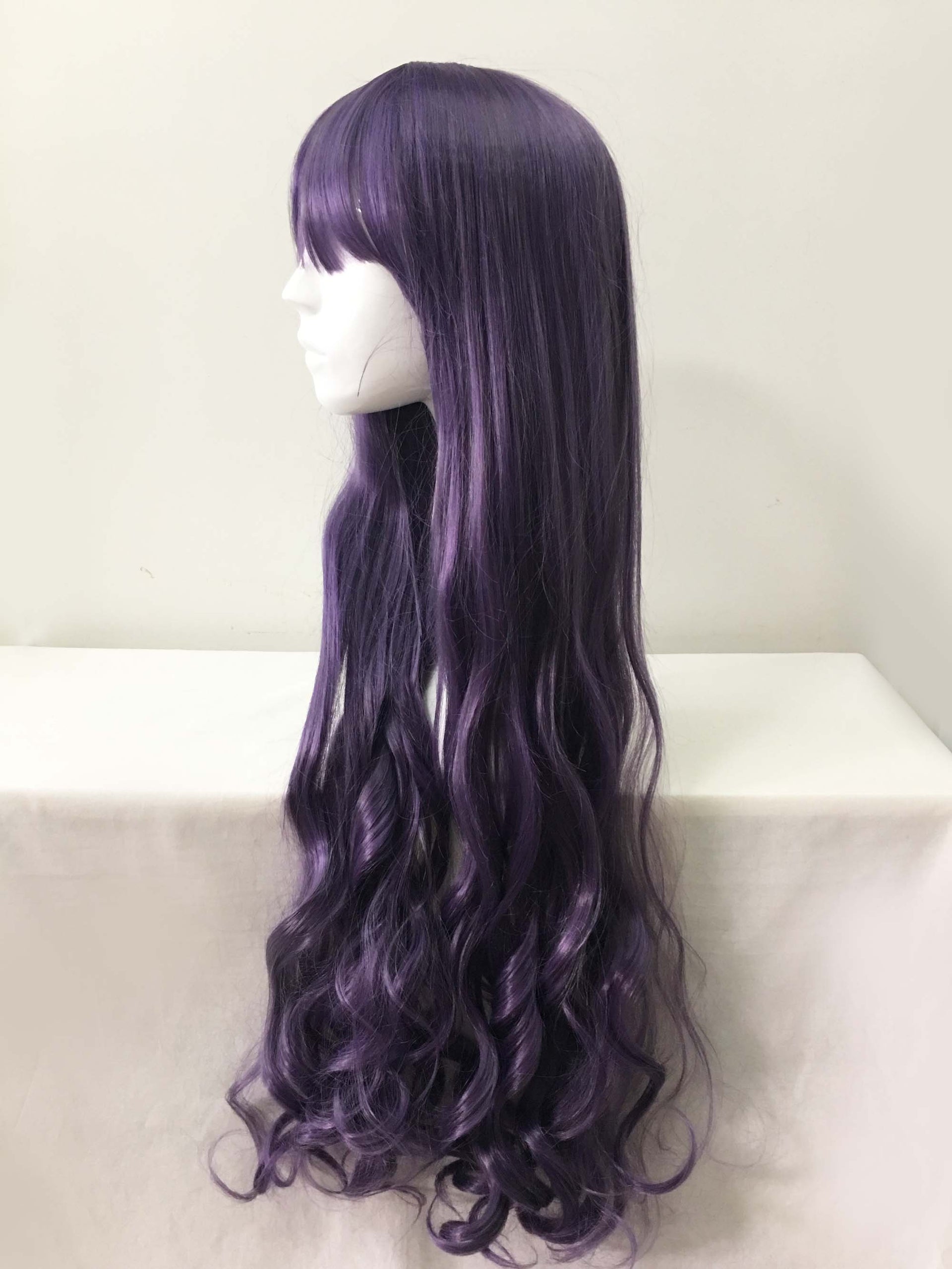 nevermindyrhead Women Purple Long Curly Blunt Bangs Cosplay Wig