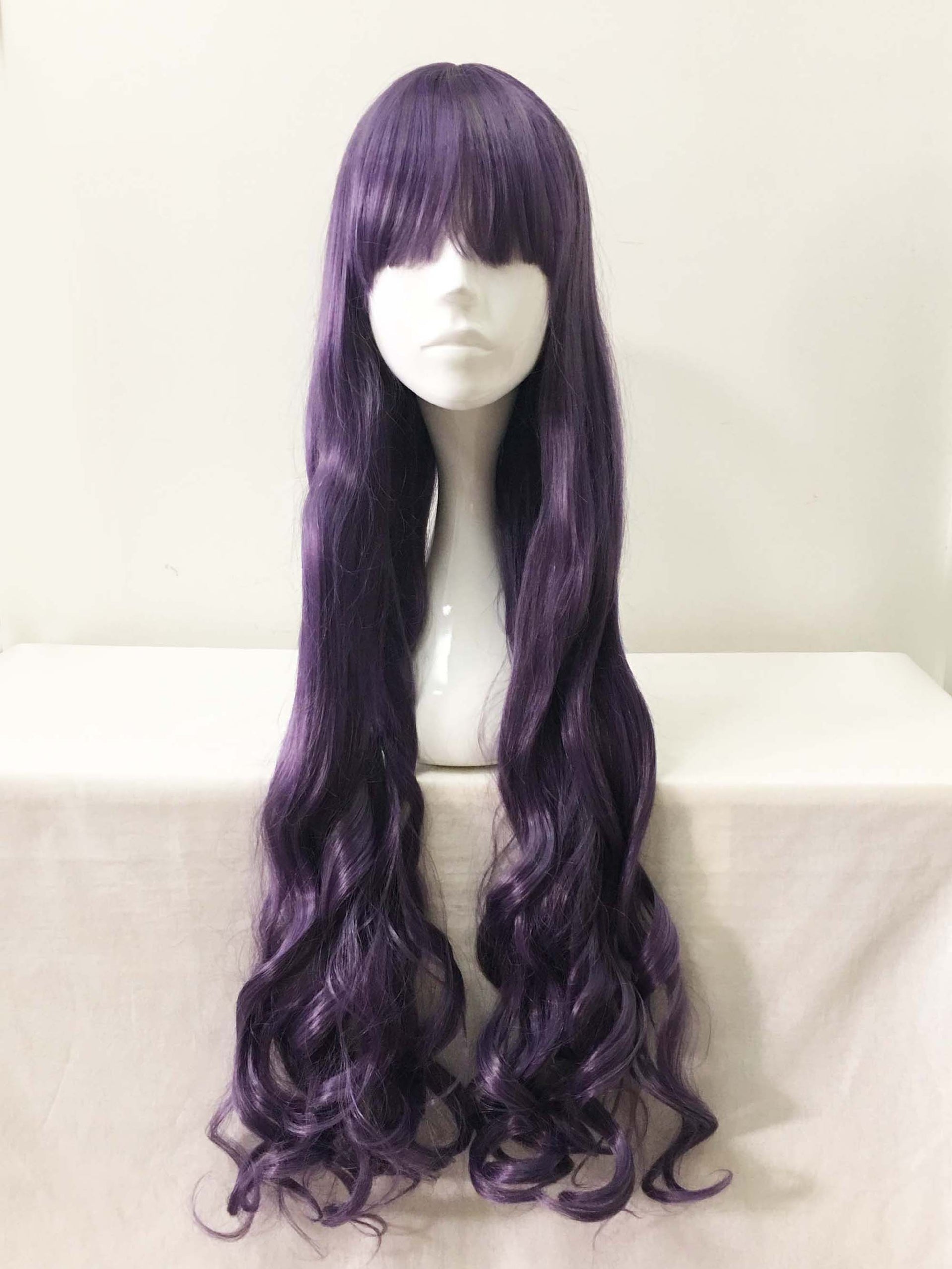 nevermindyrhead Women Purple Long Curly Blunt Bangs Cosplay Wig