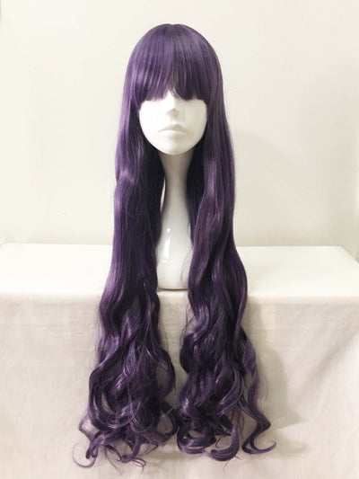 Women Purple Long Curly Blunt Bangs Cosplay Wig