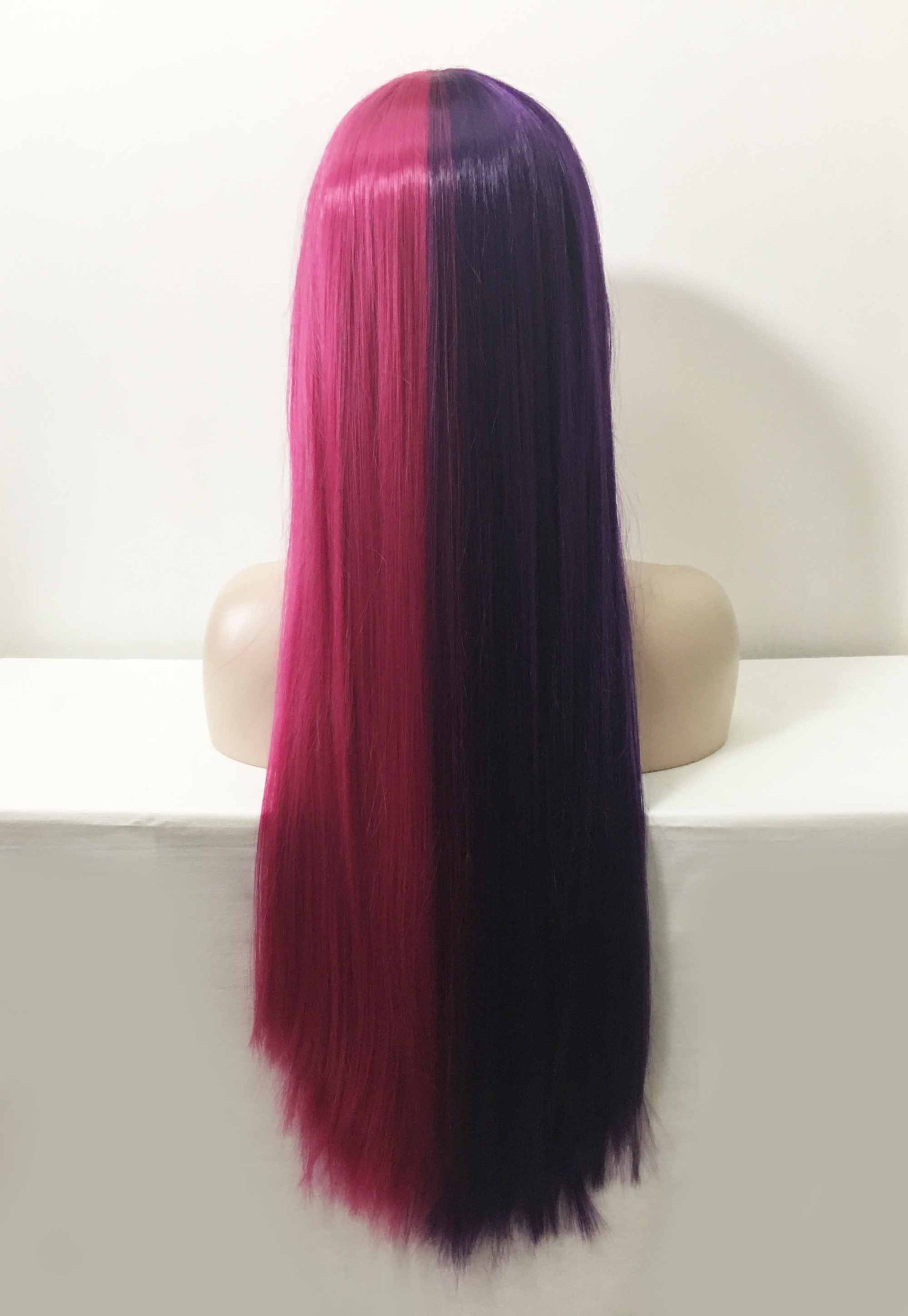 nevermindyrhead Women Purple Magenta Pink Split Colors Long Straight Blunt Full Bangs Wig