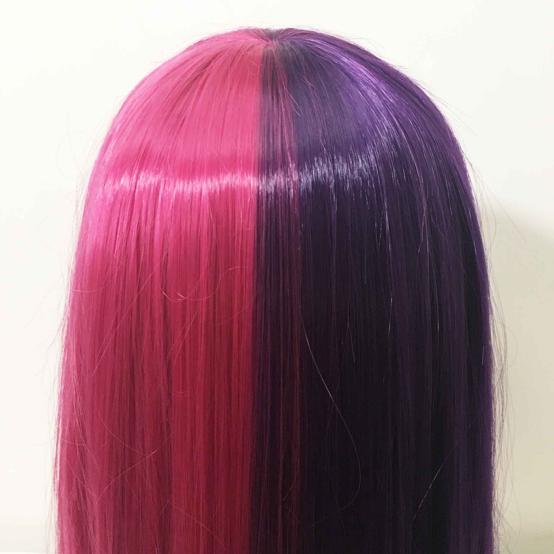 nevermindyrhead Women Purple Magenta Pink Split Colors Long Straight Blunt Full Bangs Wig
