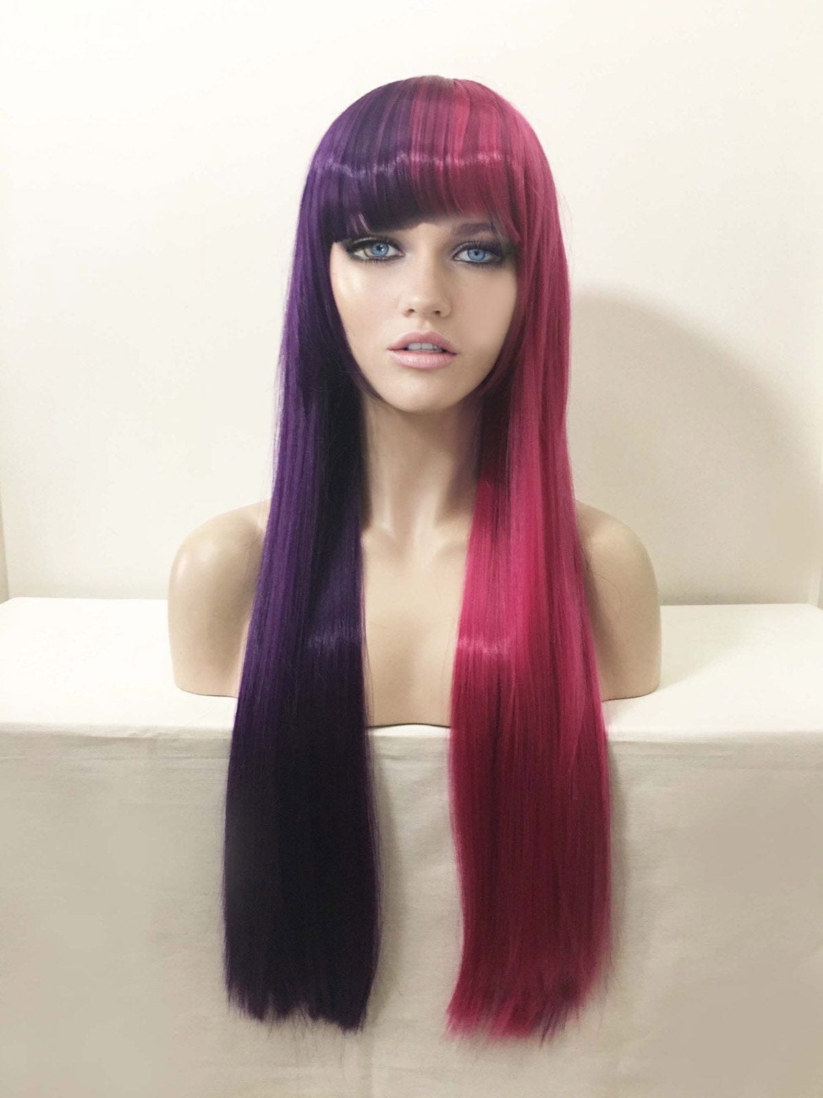 nevermindyrhead Women Purple Magenta Pink Split Colors Long Straight Blunt Full Bangs Wig