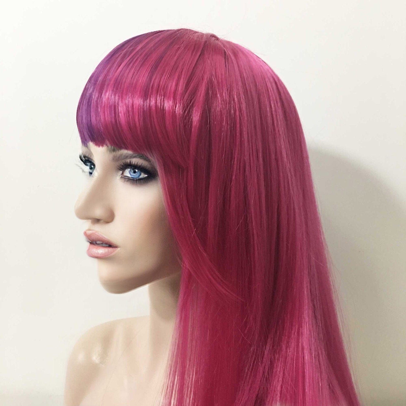 nevermindyrhead Women Purple Magenta Pink Split Colors Long Straight Blunt Full Bangs Wig