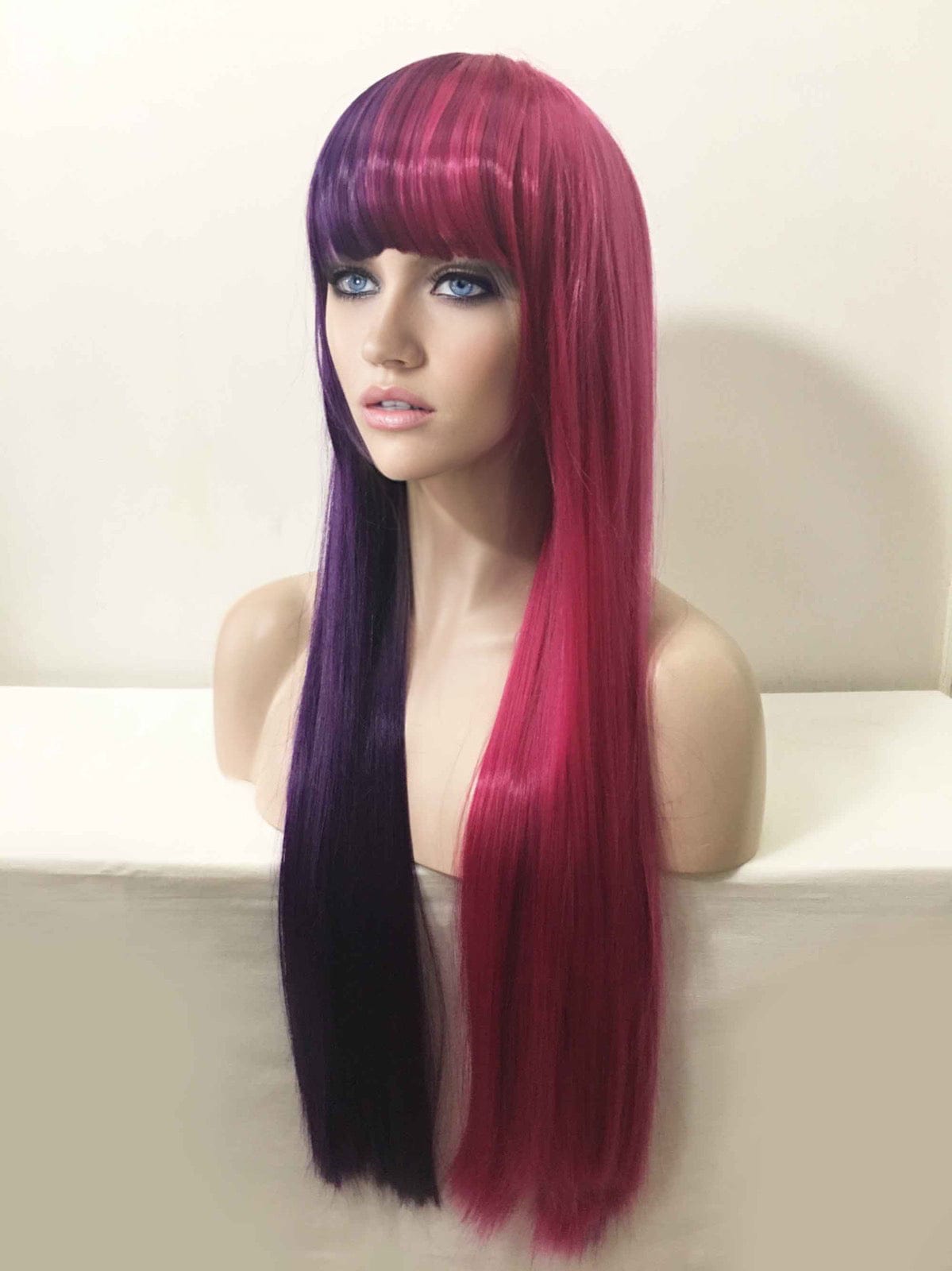 nevermindyrhead Women Purple Magenta Pink Split Colors Long Straight Blunt Full Bangs Wig