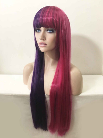 Women Purple Magenta Pink Split Colors Long Straight Blunt Full Bangs Wig
