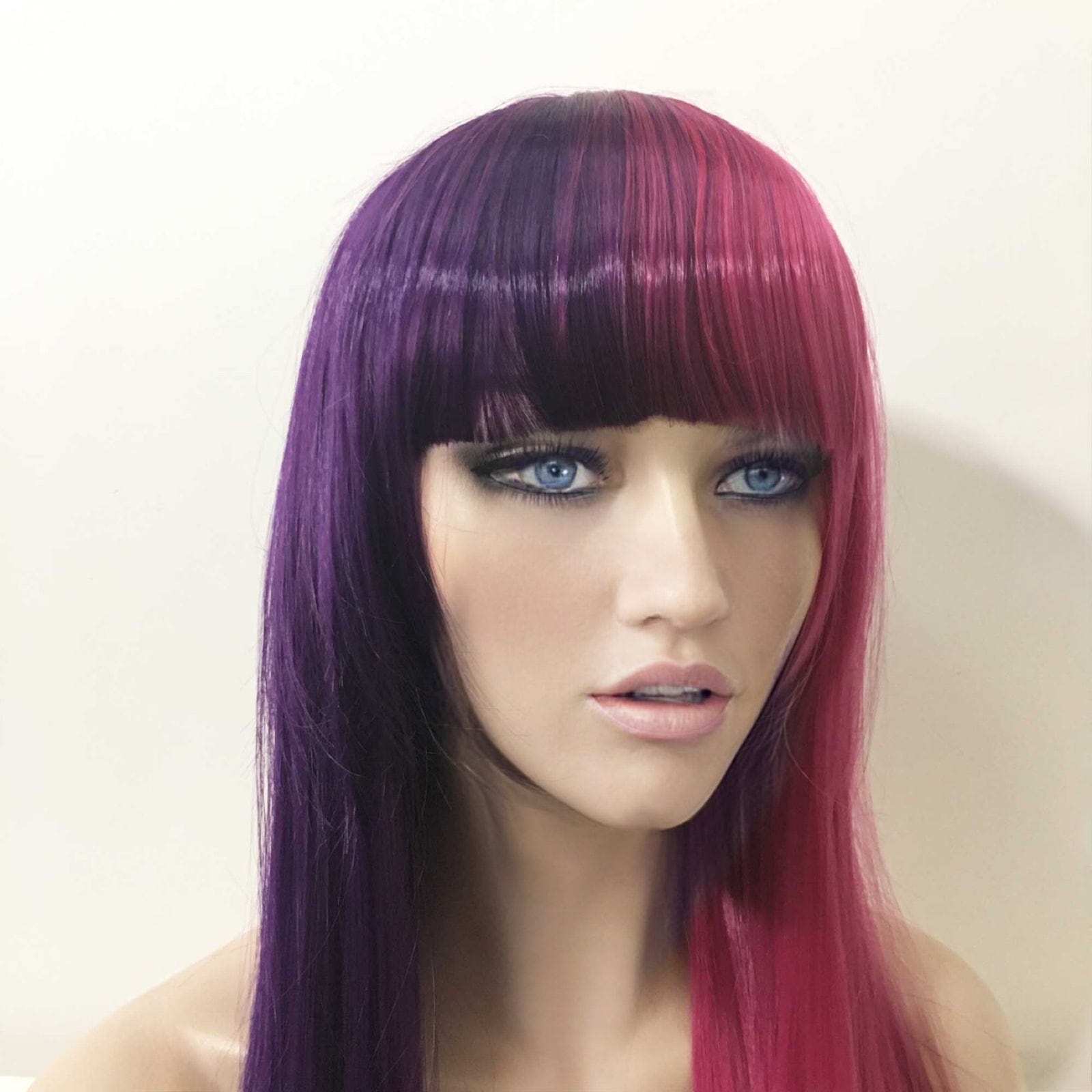 nevermindyrhead Women Purple Magenta Pink Split Colors Long Straight Blunt Full Bangs Wig