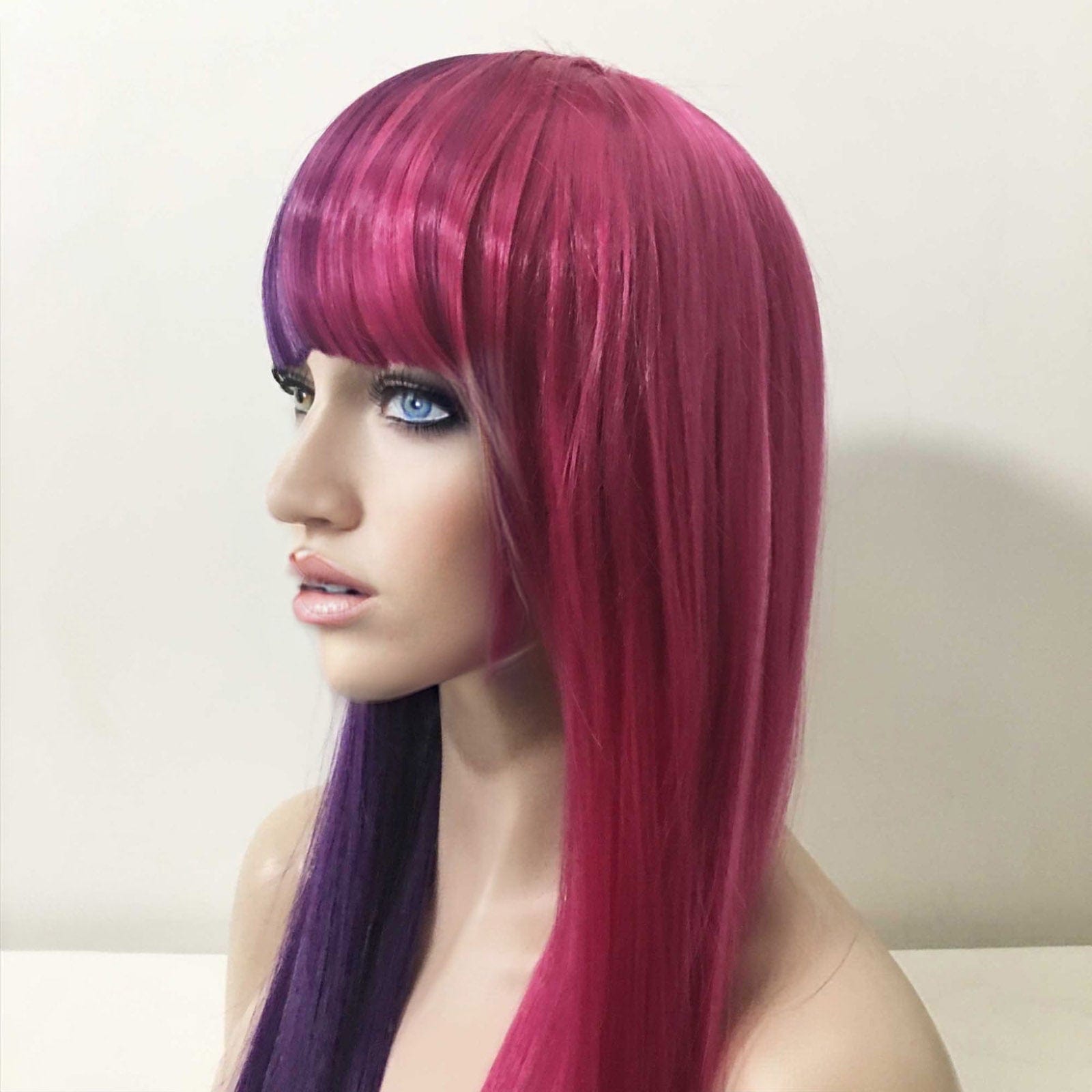 nevermindyrhead Women Purple Magenta Pink Split Colors Long Straight Blunt Full Bangs Wig