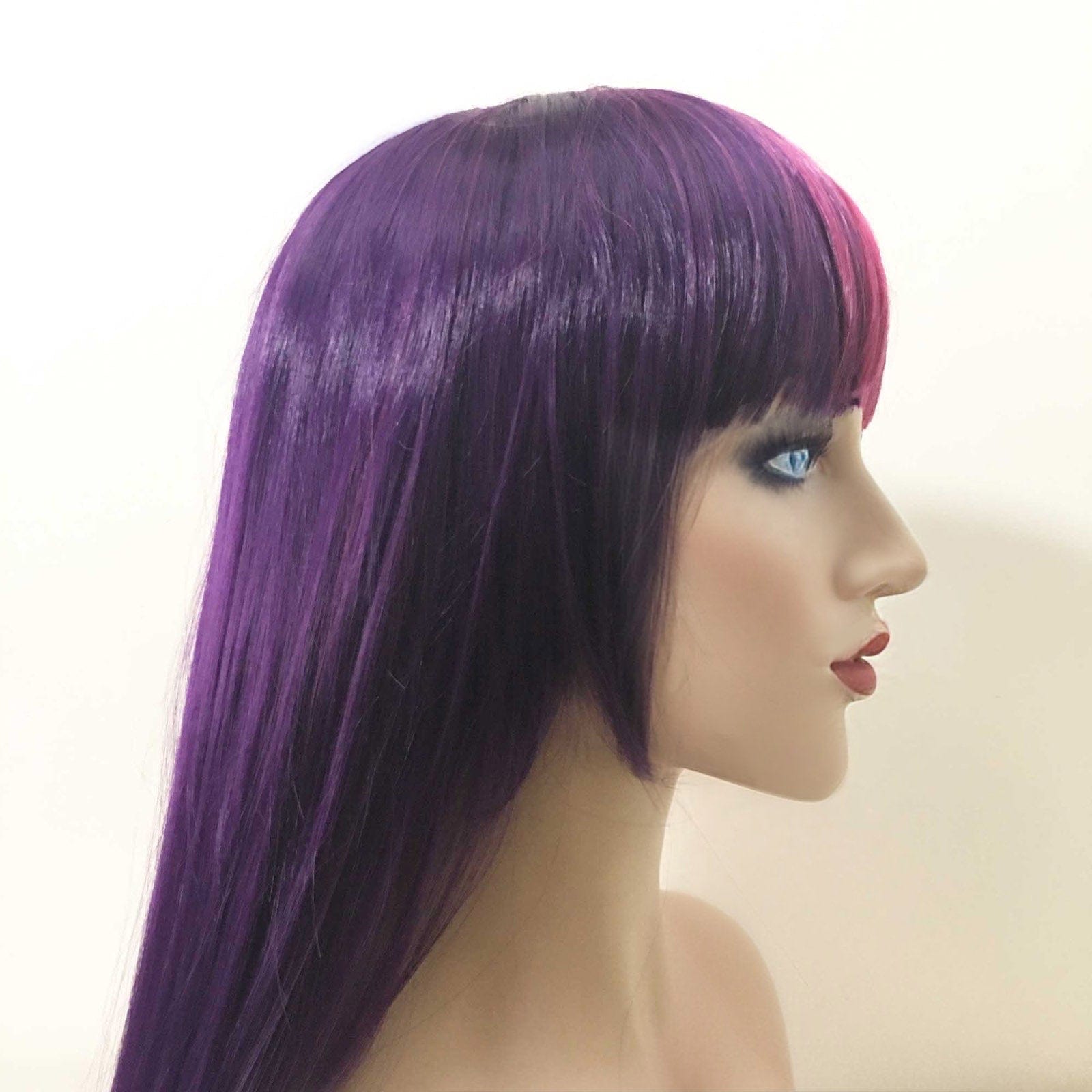 nevermindyrhead Women Purple Magenta Pink Split Colors Long Straight Blunt Full Bangs Wig