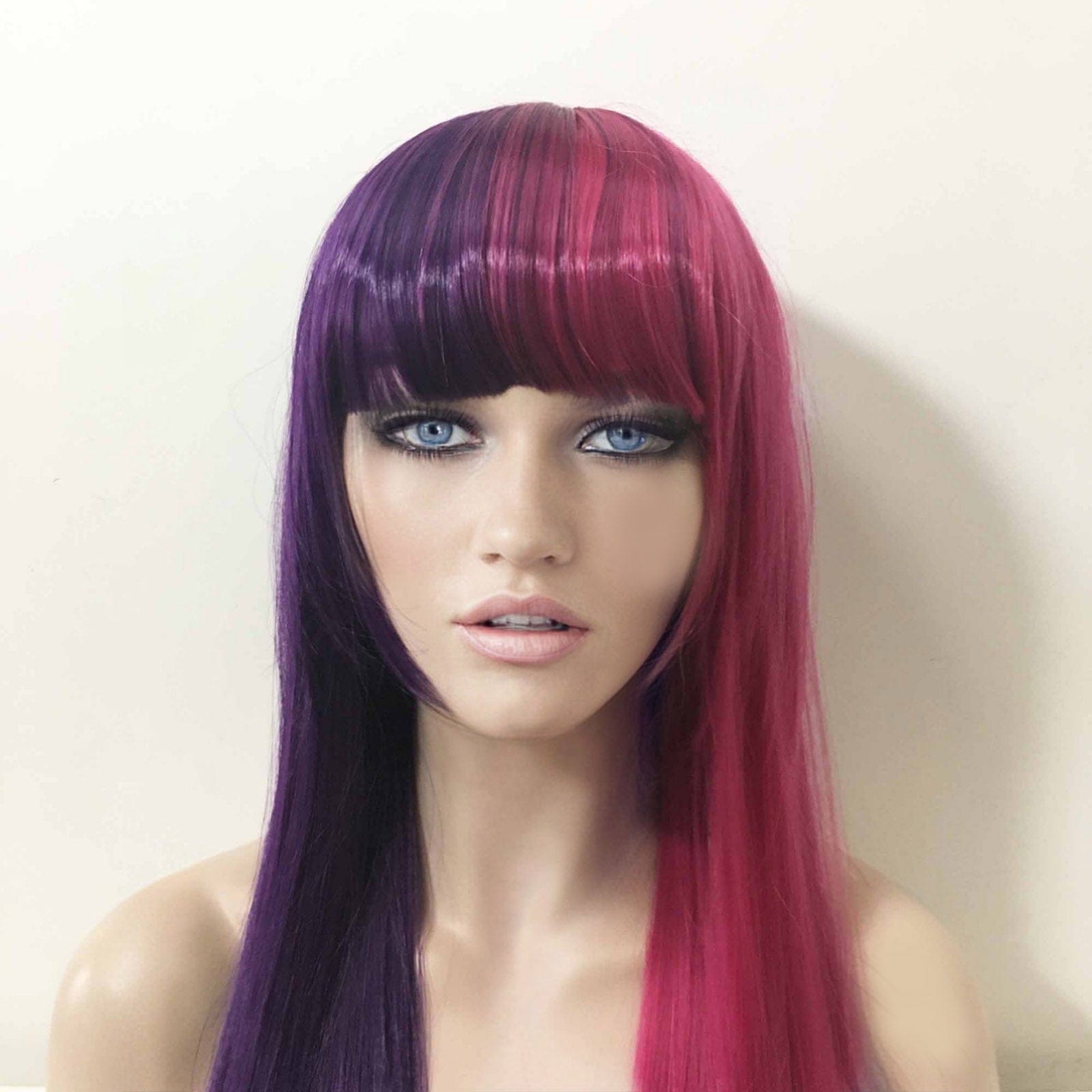 nevermindyrhead Women Purple Magenta Pink Split Colors Long Straight Blunt Full Bangs Wig