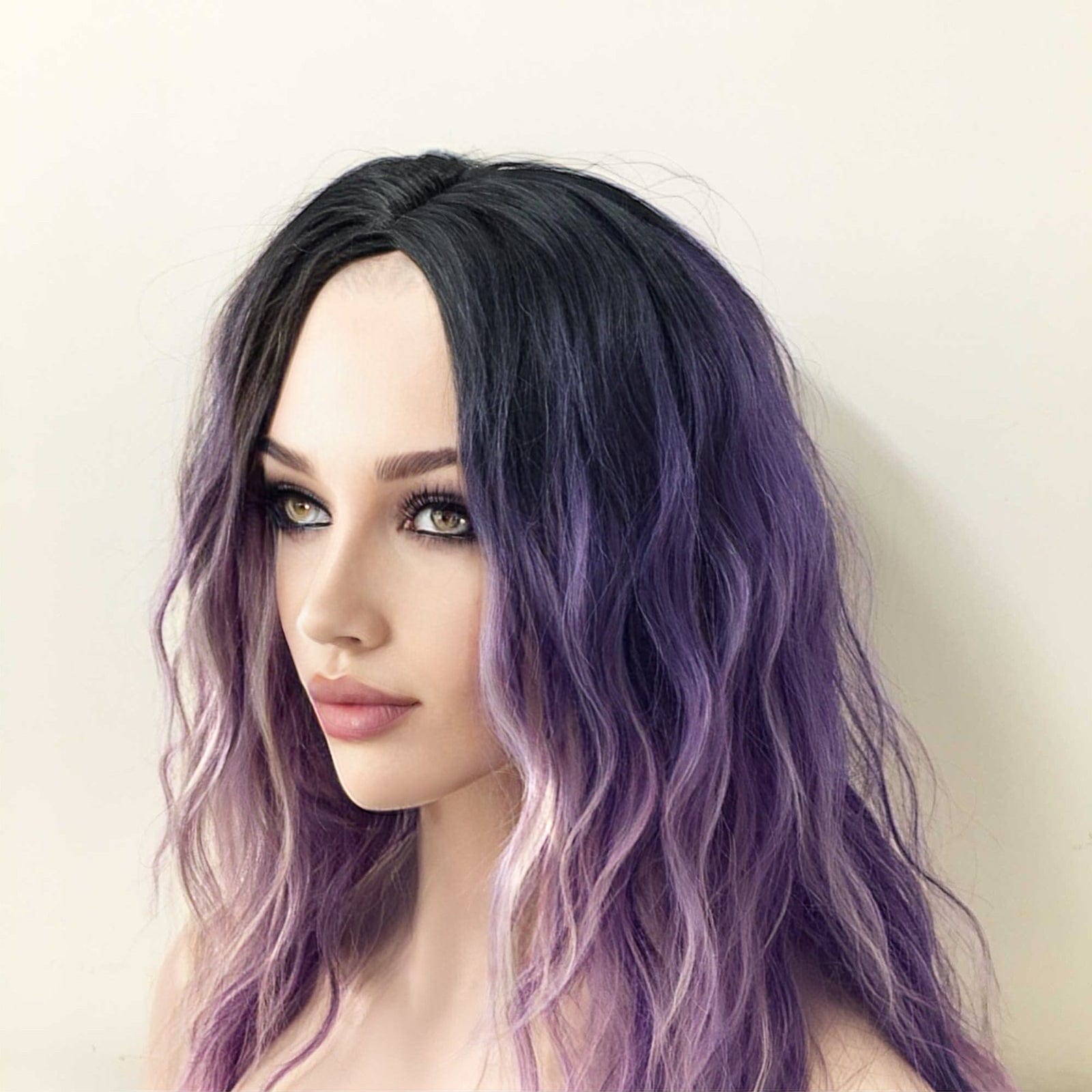 nevermindyrhead Women Purple Ombre Dark Root Long Curly Side Part Wig