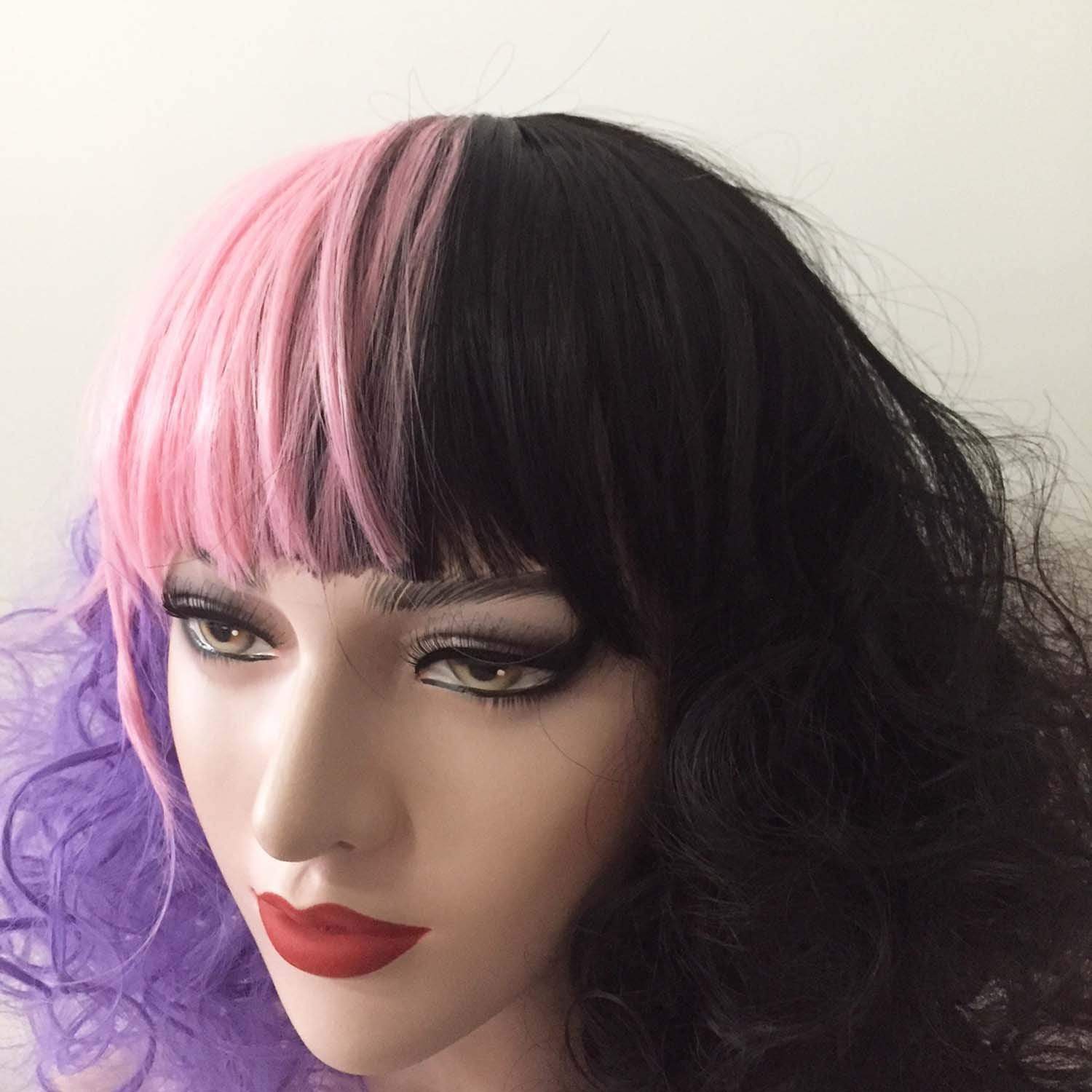 nevermindyrhead Women Purple Pink Black Long Curly Fringe Bangs Messy Wig