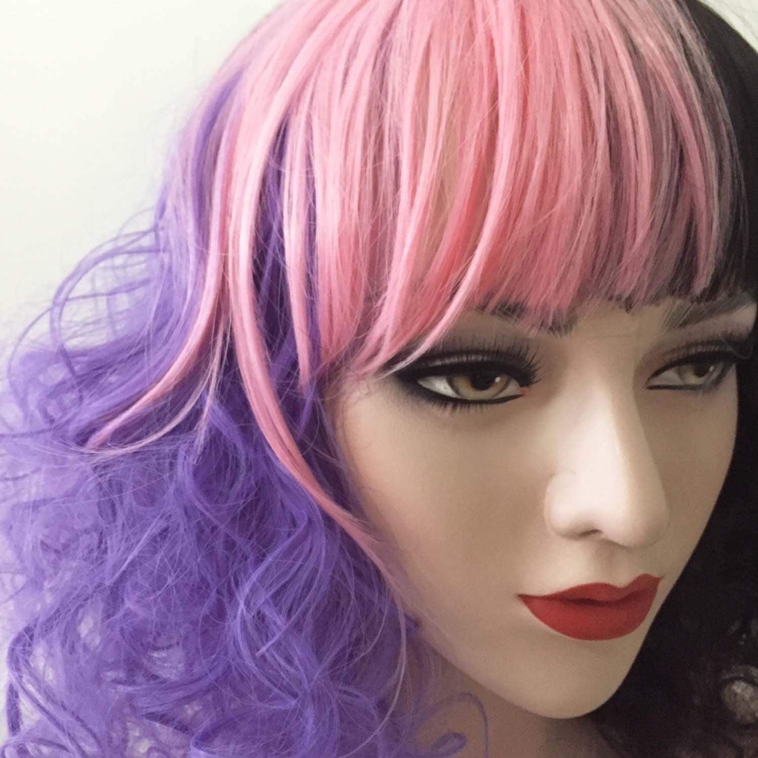 nevermindyrhead Women Purple Pink Black Long Curly Fringe Bangs Messy Wig