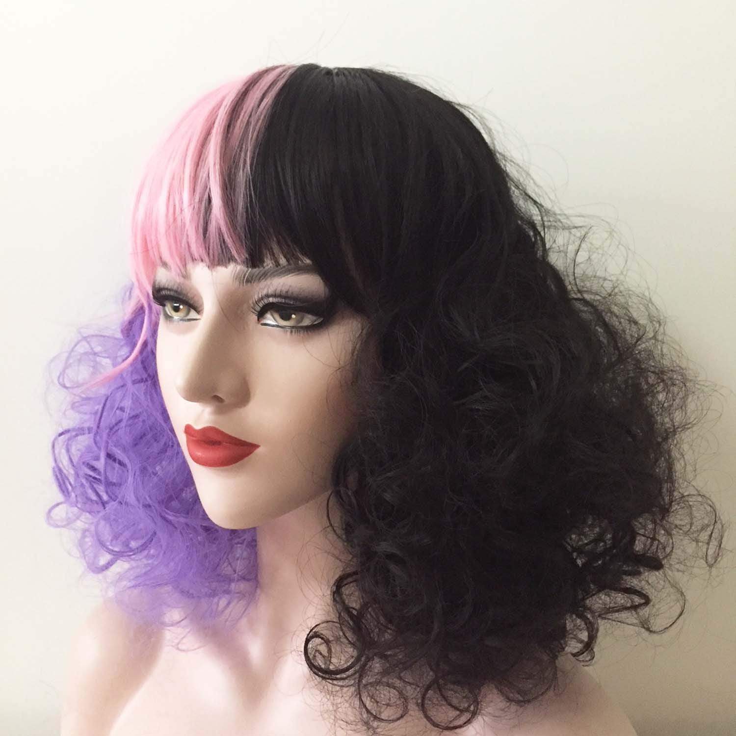 nevermindyrhead Women Purple Pink Black Long Curly Fringe Bangs Messy Wig