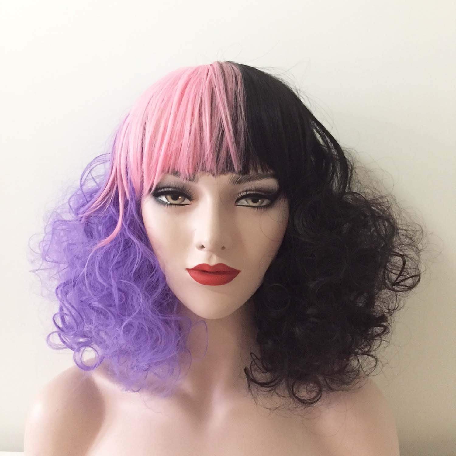 nevermindyrhead Women Purple Pink Black Long Curly Fringe Bangs Messy Wig