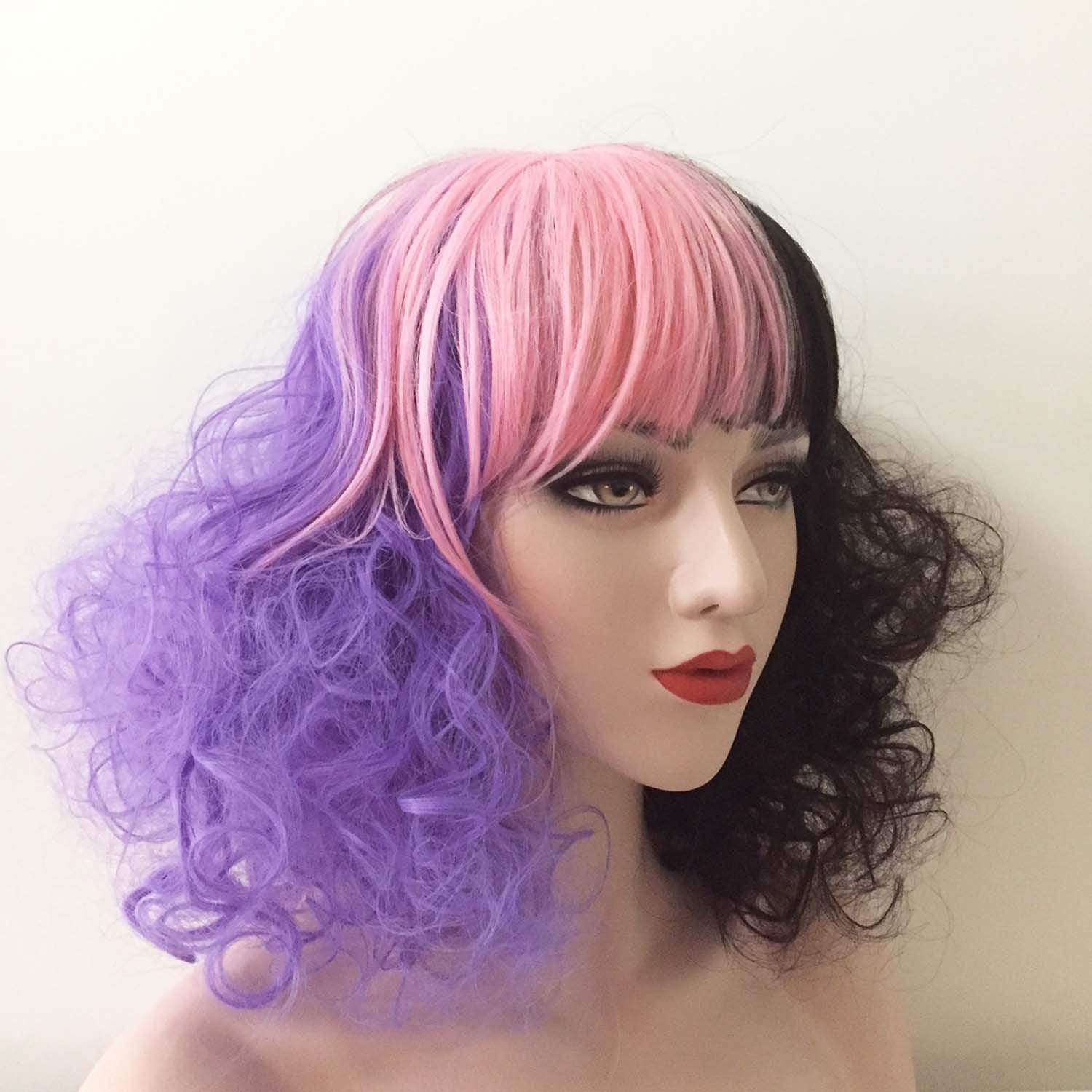 nevermindyrhead Women Purple Pink Black Long Curly Fringe Bangs Messy Wig