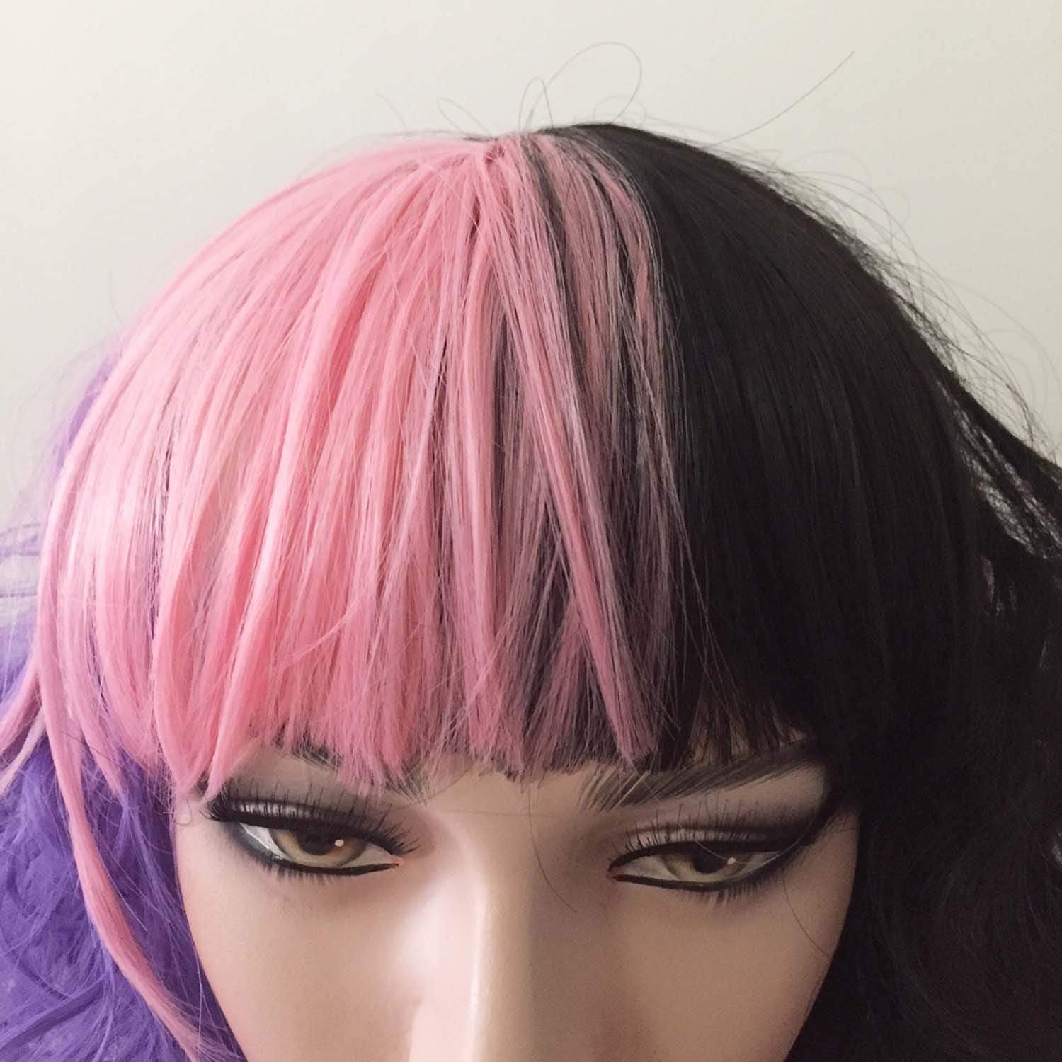 nevermindyrhead Women Purple Pink Black Long Curly Fringe Bangs Messy Wig