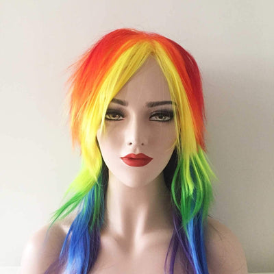 Women Rainbow Colors Long Straight Fringe Bangs Layered Party Wig
