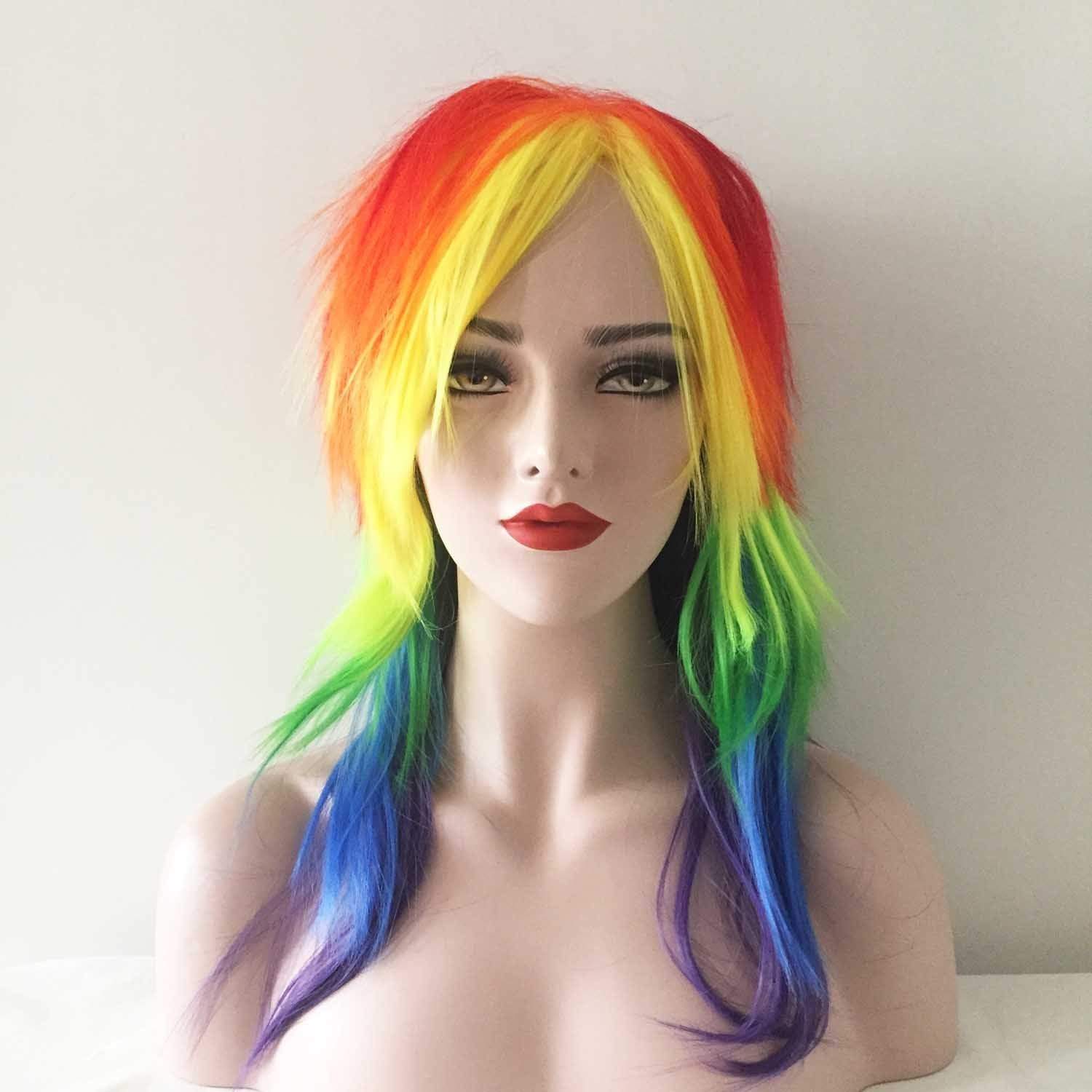 nevermindyrhead Women Rainbow Colors Long Straight Fringe Bangs Layered Party Wig