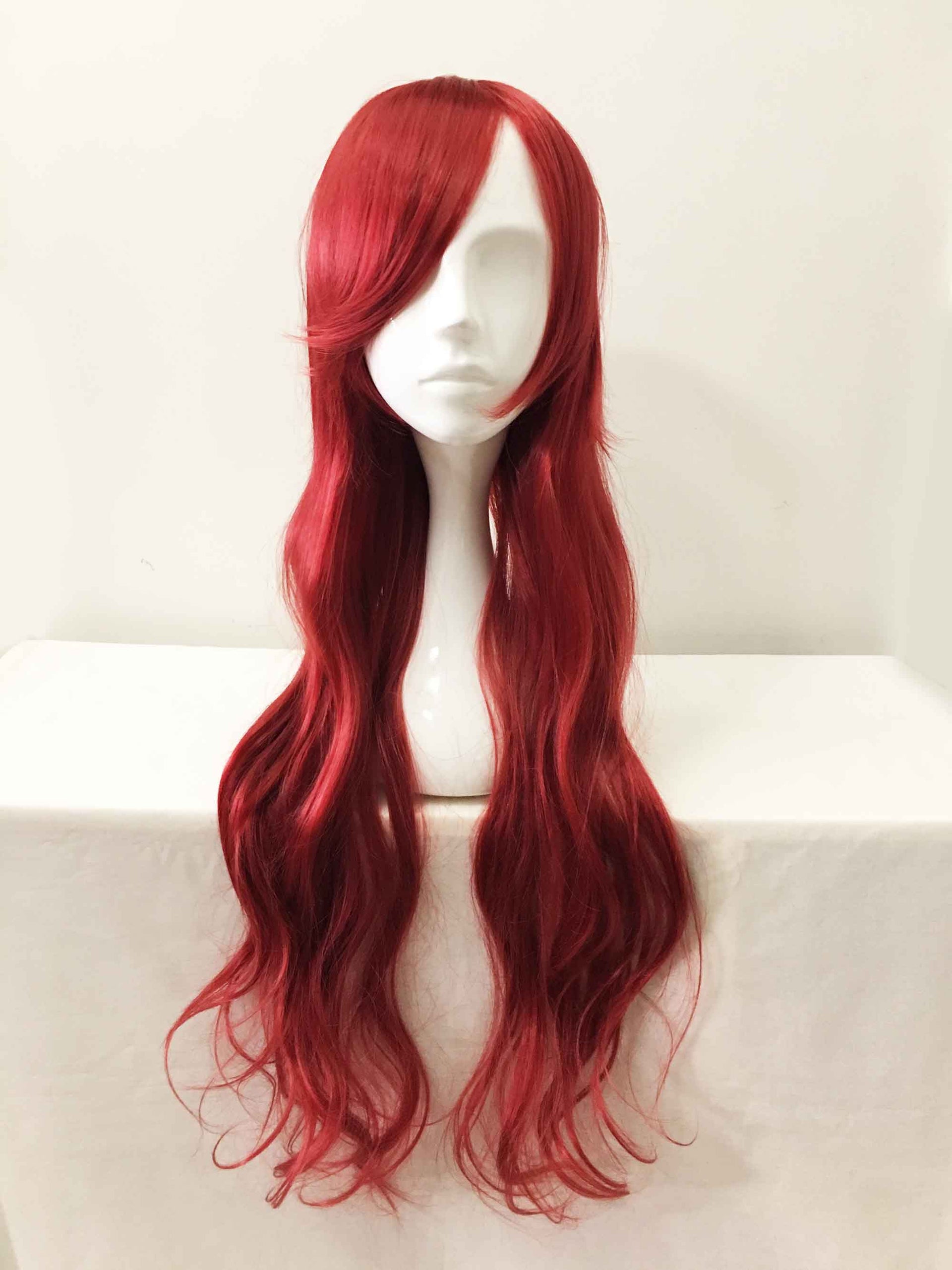 nevermindyrhead Women Red Long Curly Side Swept Bangs Cosplay Wig