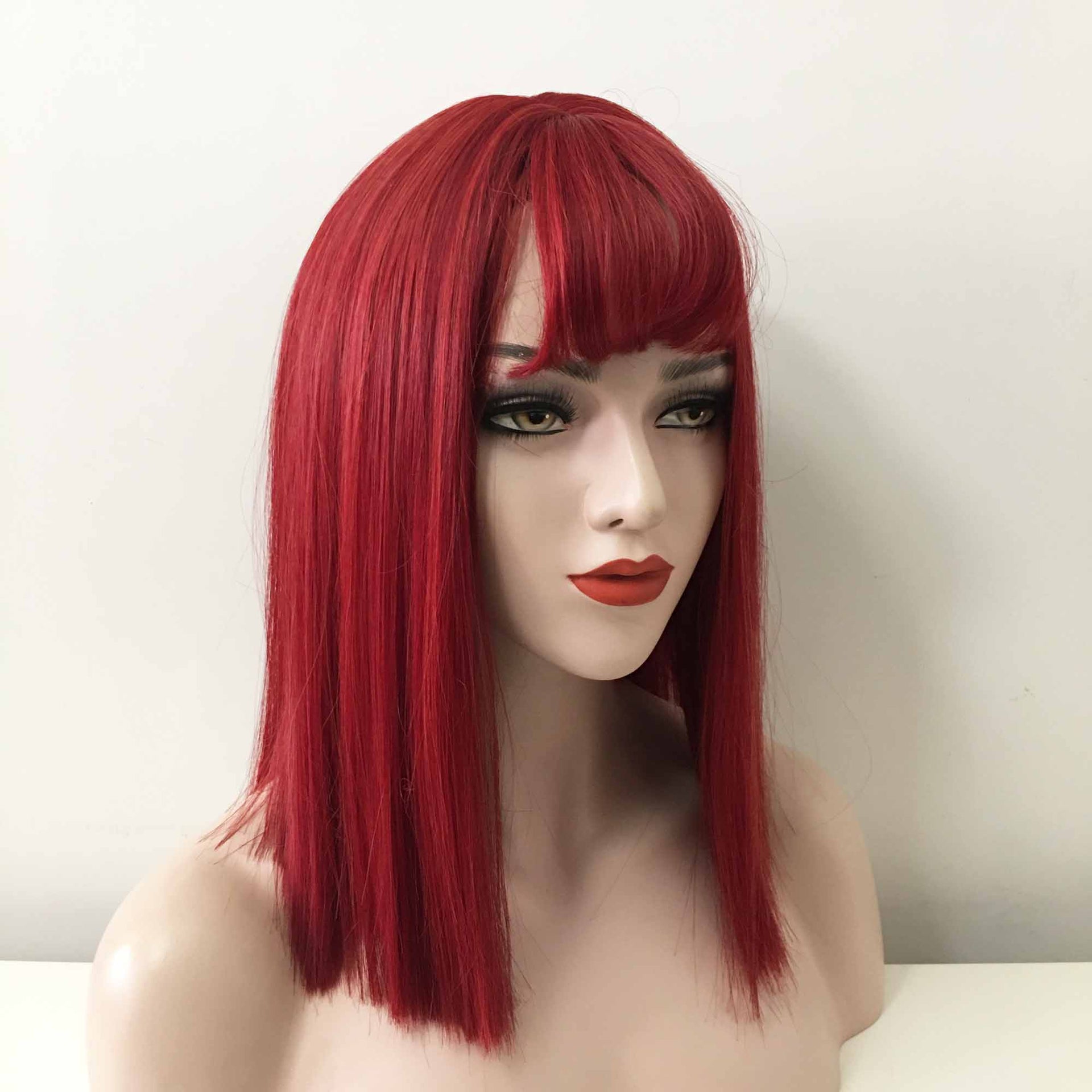 nevermindyrhead Women Red Medium Length Straight Perming Blunt Fringe Bangs Wig