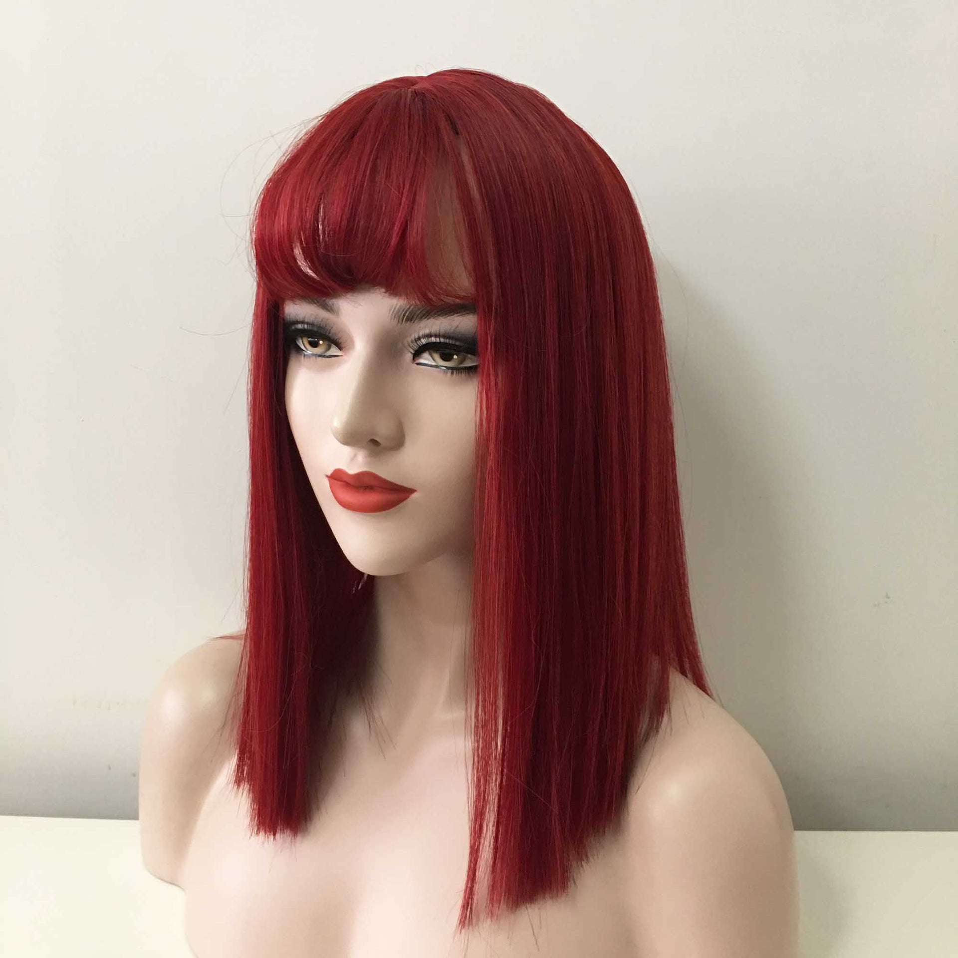 nevermindyrhead Women Red Medium Length Straight Perming Blunt Fringe Bangs Wig