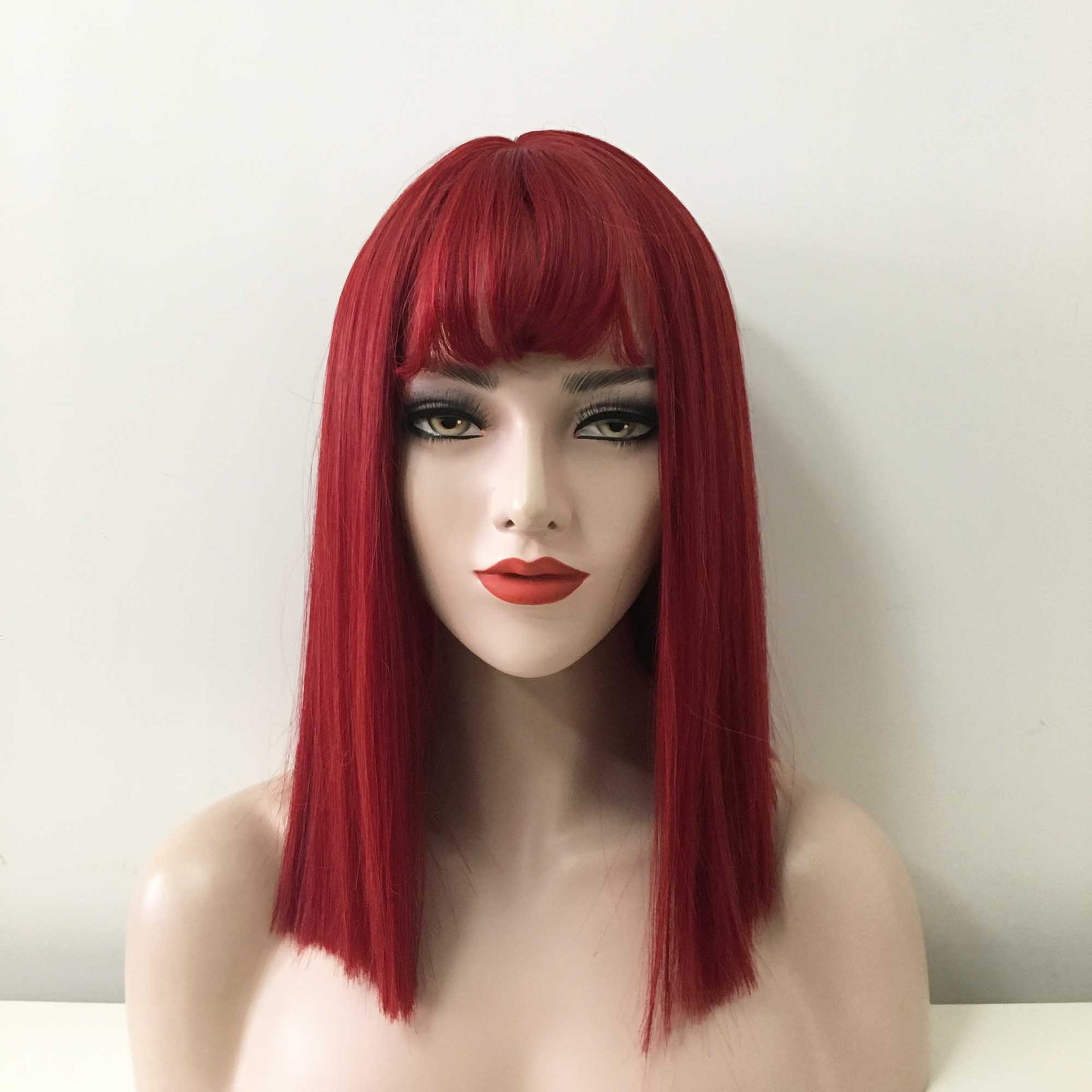 nevermindyrhead Women Red Medium Length Straight Perming Blunt Fringe Bangs Wig