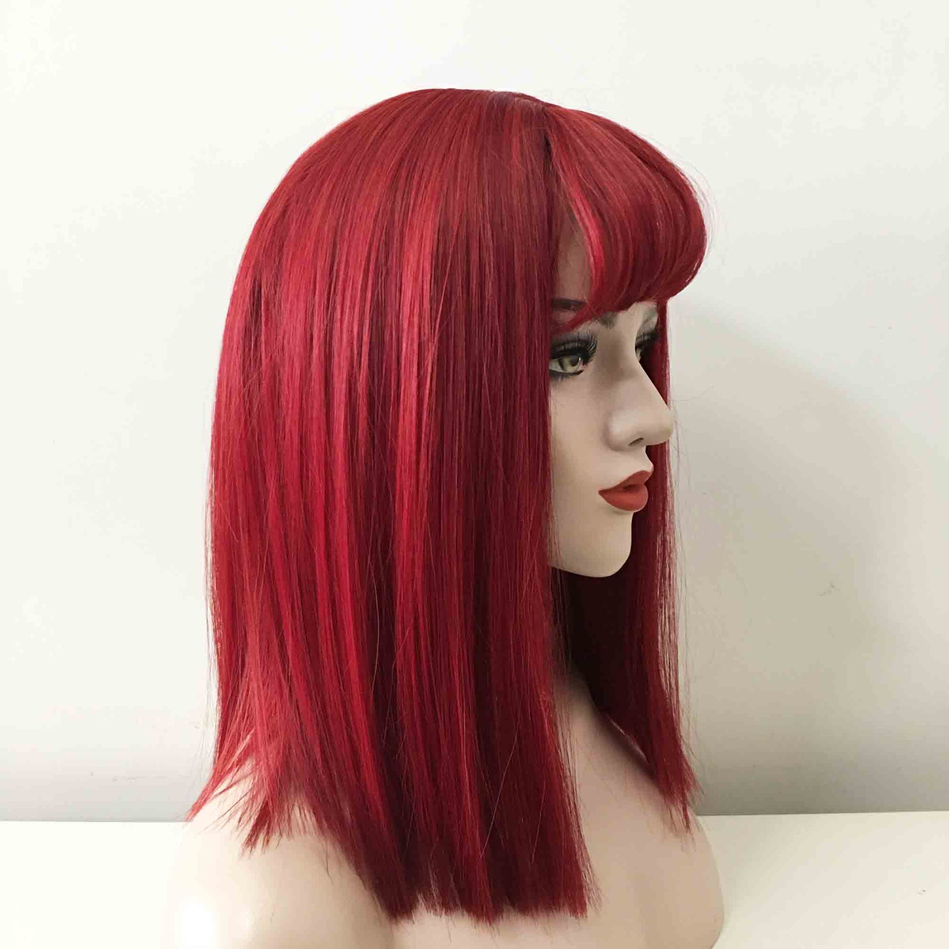 nevermindyrhead Women Red Medium Length Straight Perming Blunt Fringe Bangs Wig