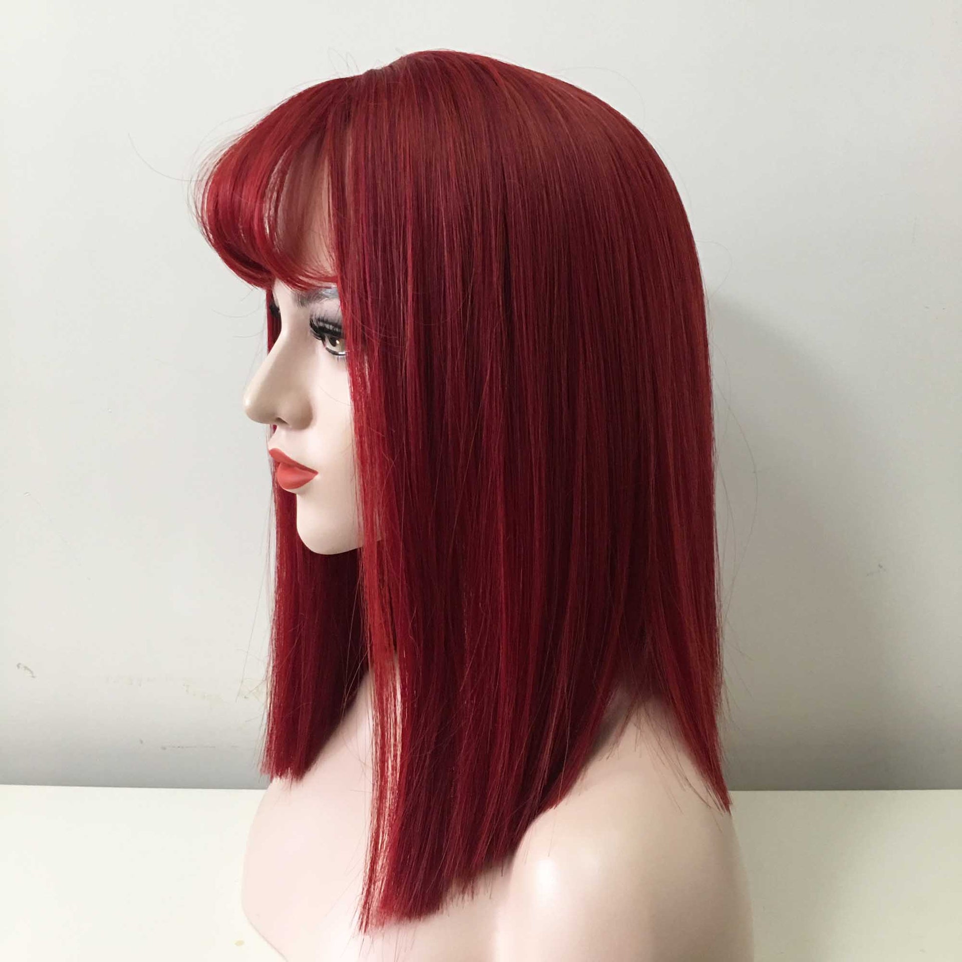 nevermindyrhead Women Red Medium Length Straight Perming Blunt Fringe Bangs Wig