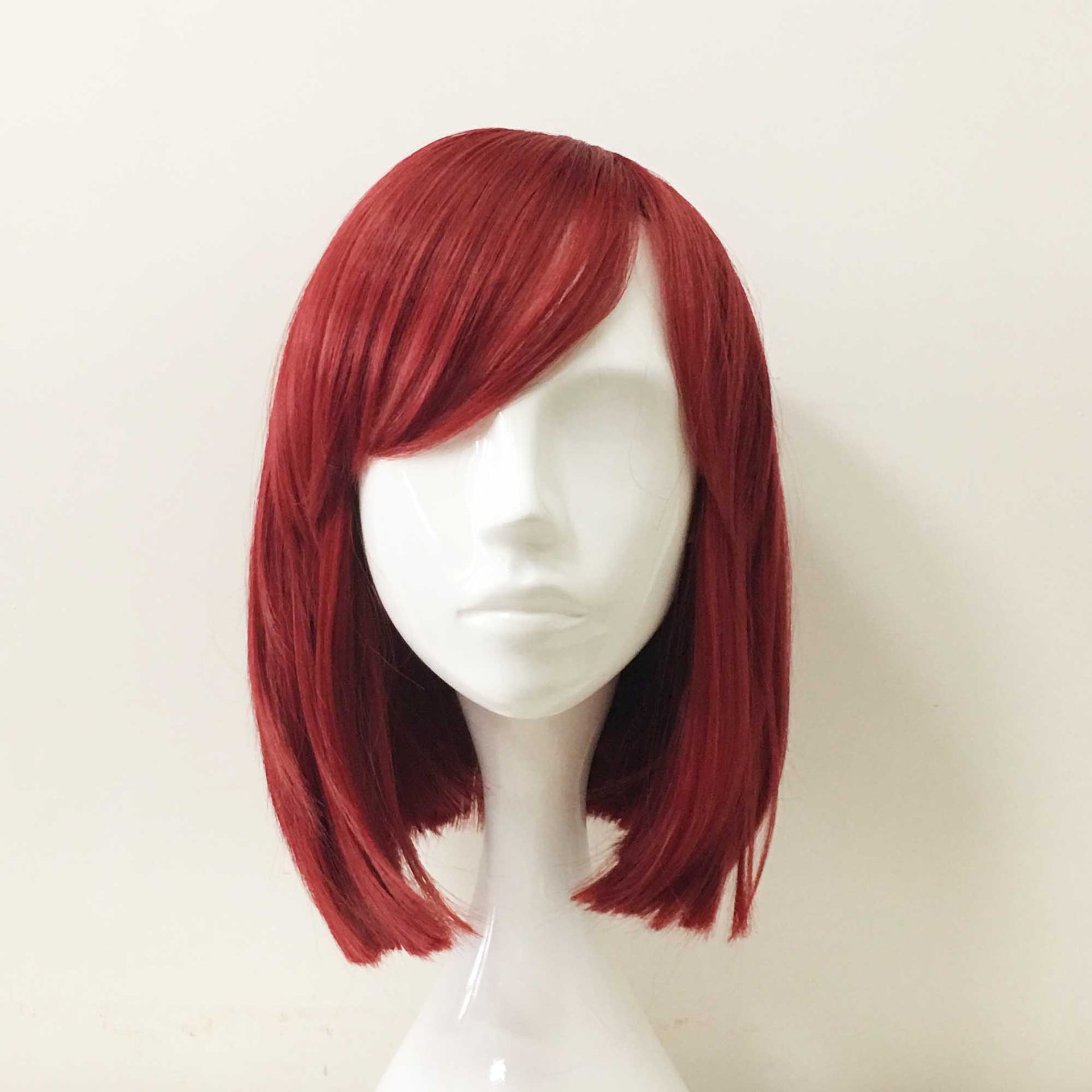 nevermindyrhead Women Red Medium Length Straight Side Swept Bangs Bob Wig