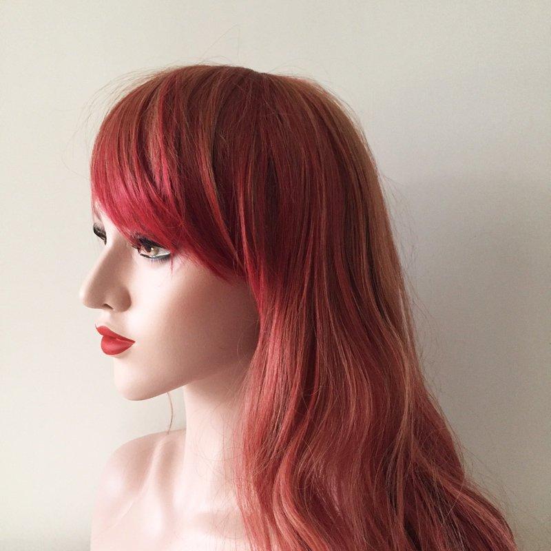 nevermindyrhead Women Red Orange Ombre Long Curly Fringe Bangs Wig