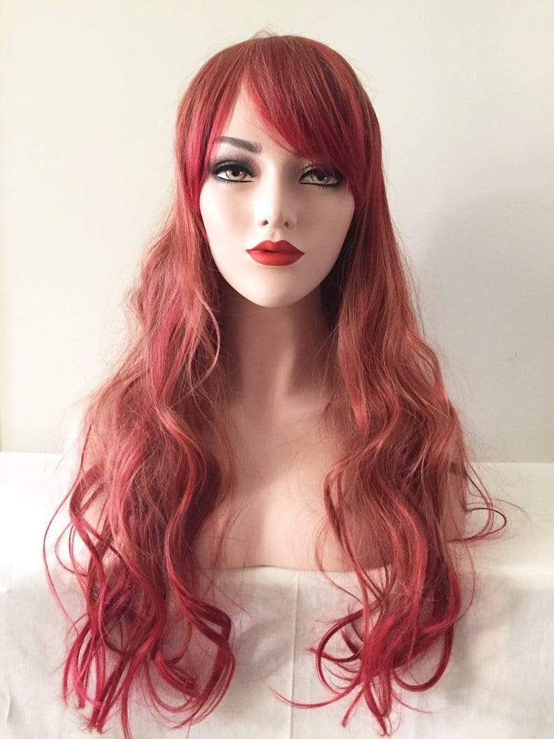 nevermindyrhead Women Red Orange Ombre Long Curly Fringe Bangs Wig