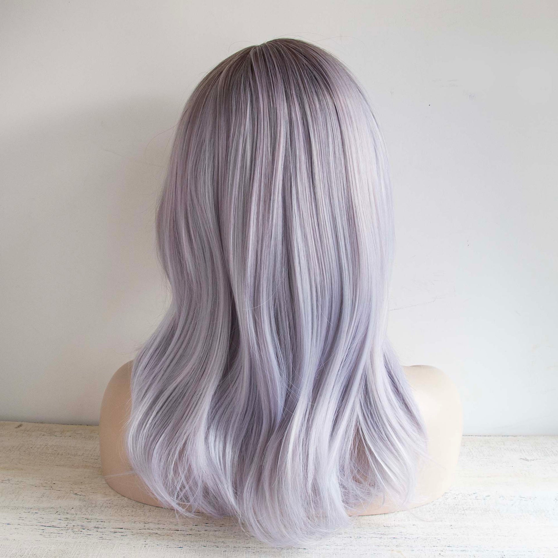 nevermindyrhead Women Silver Gray Light Purple Shades Ombre Dark Root Long Straight Hair Side Part Wig